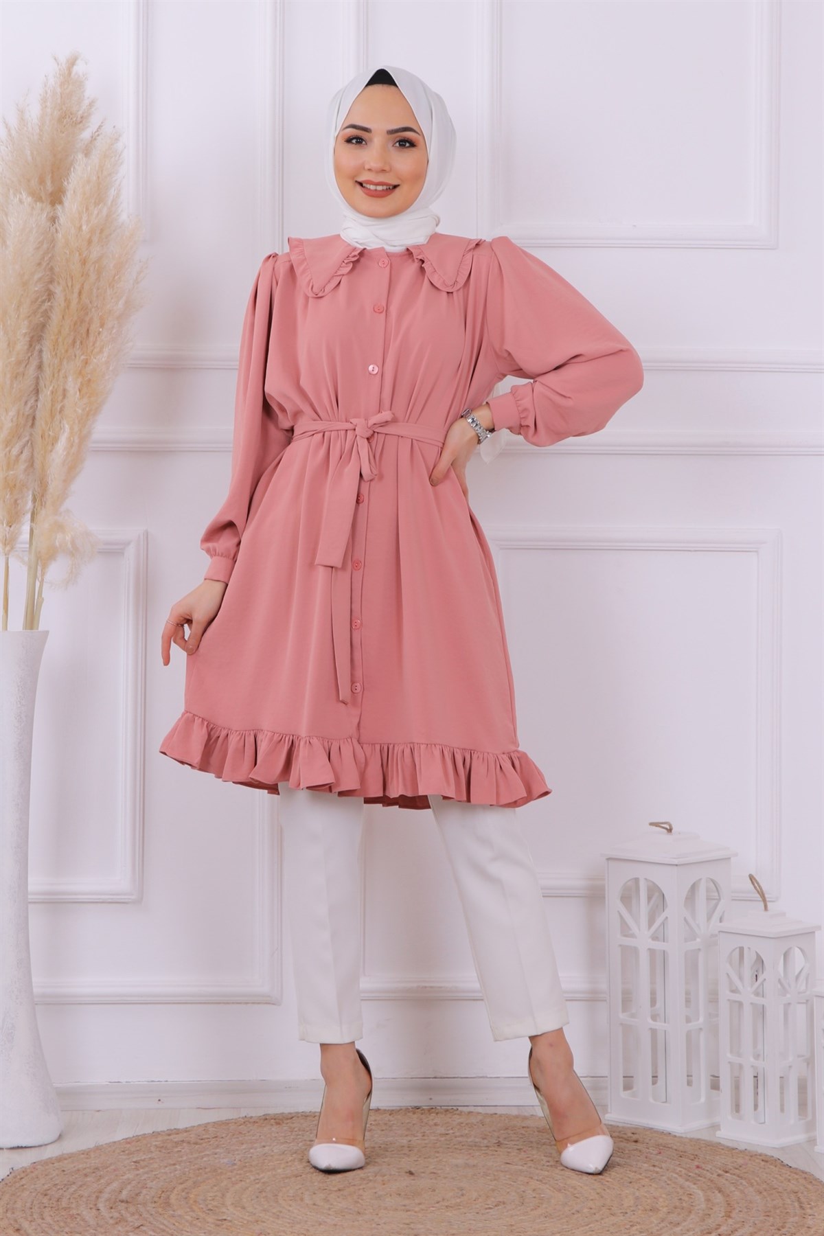 bebe yaka tunik pudra