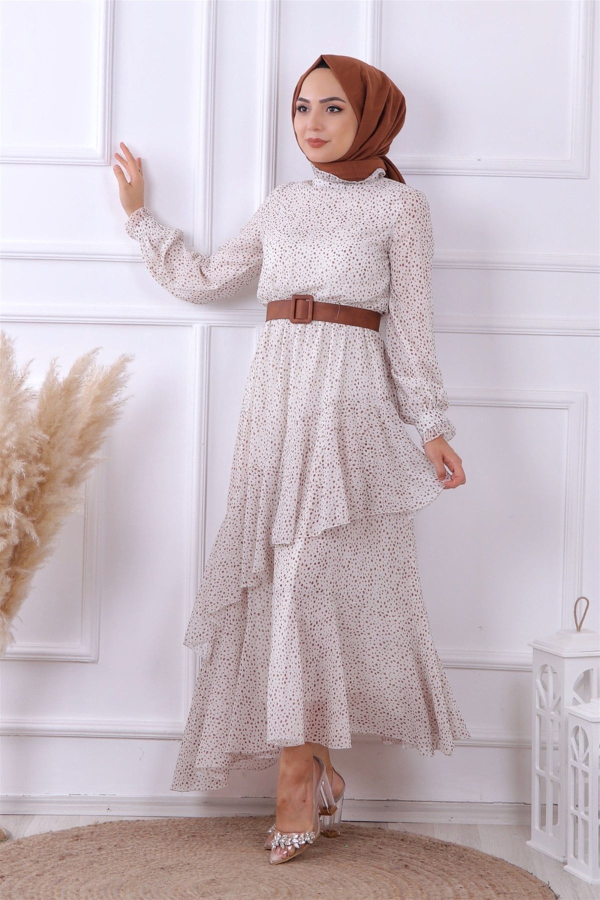 BEJ PUANTİYELİ GEOMETRİK MODEL ELBİSE