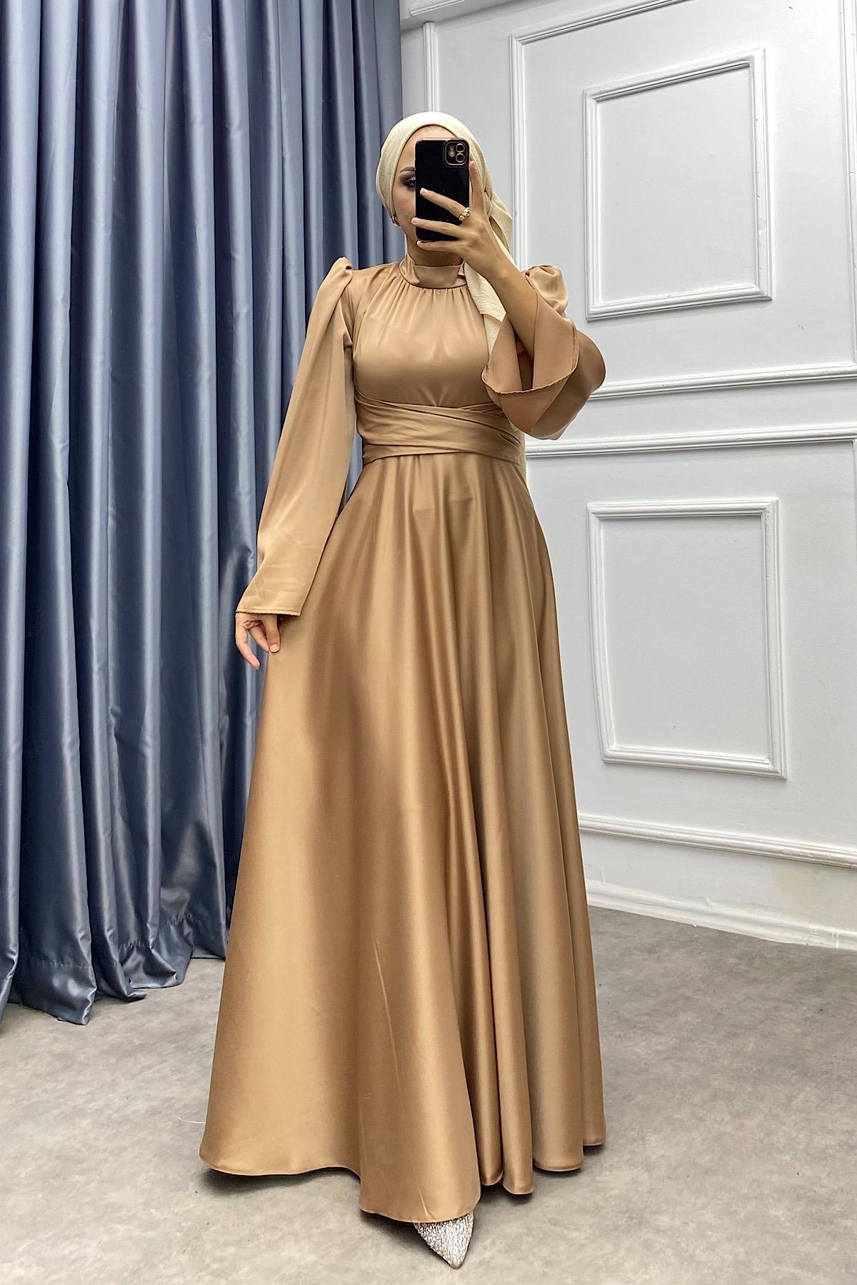 Bel bağlamalı Saten Elbise Caramel  