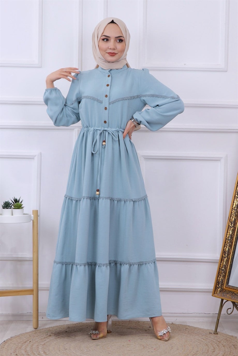 BELDEN BAĞCIKLI DANTEL DETAYLI ELBİSE BEBE MAVİSİ