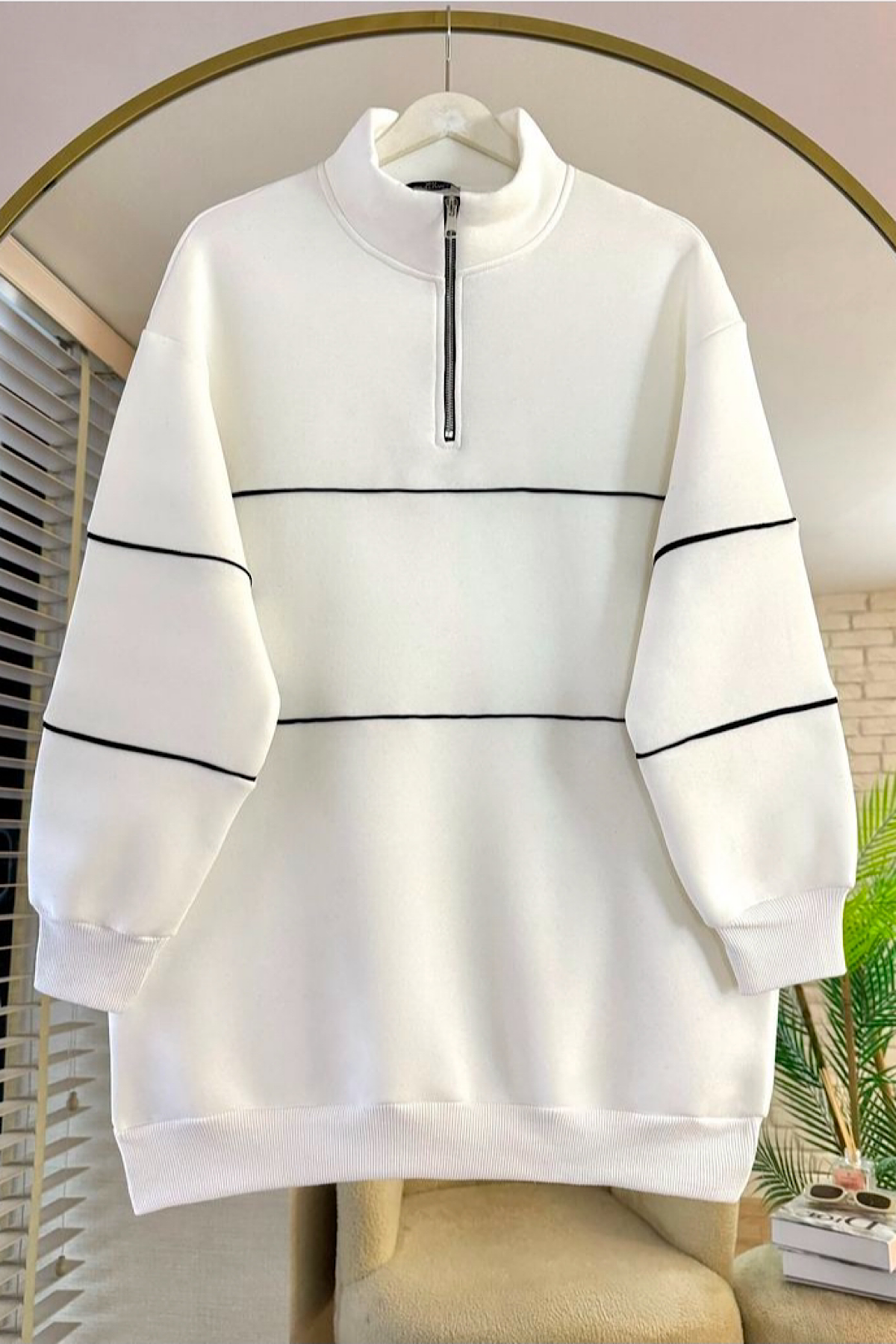Biyeli Fermuarlı sweat Beyaz