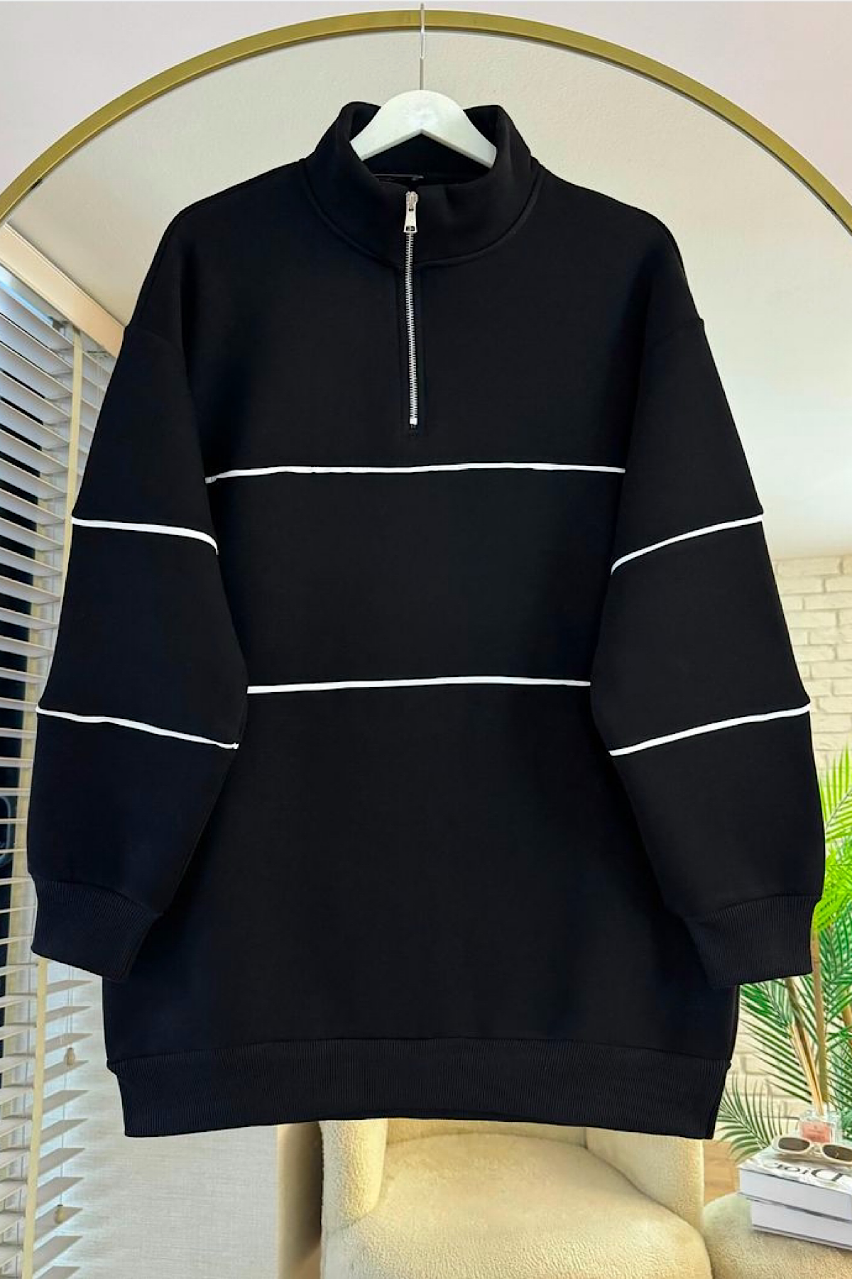 Biyeli Fermuarlı sweat Siyah