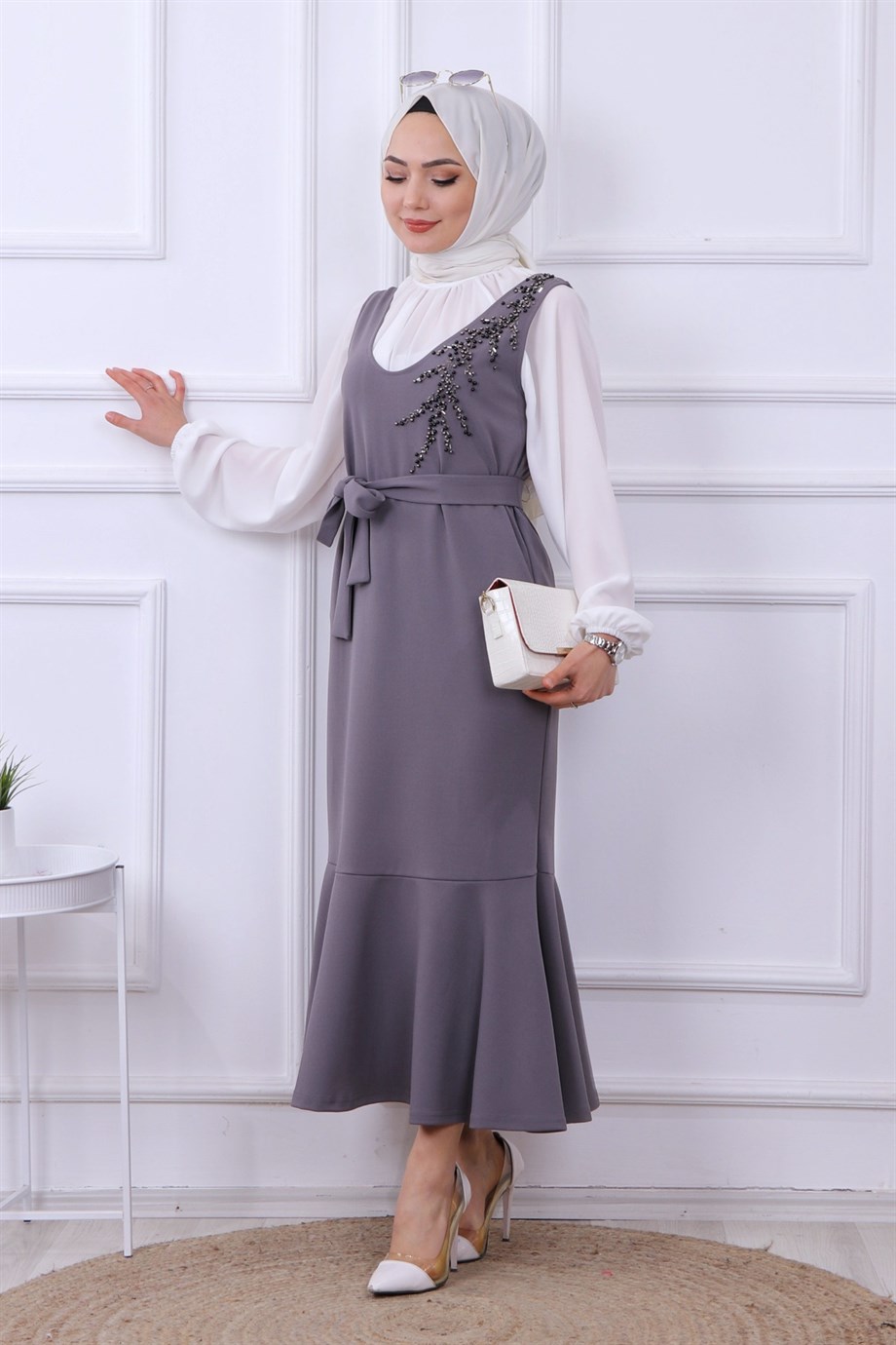 BONCUK İŞLEMELİ JİLE GRİ