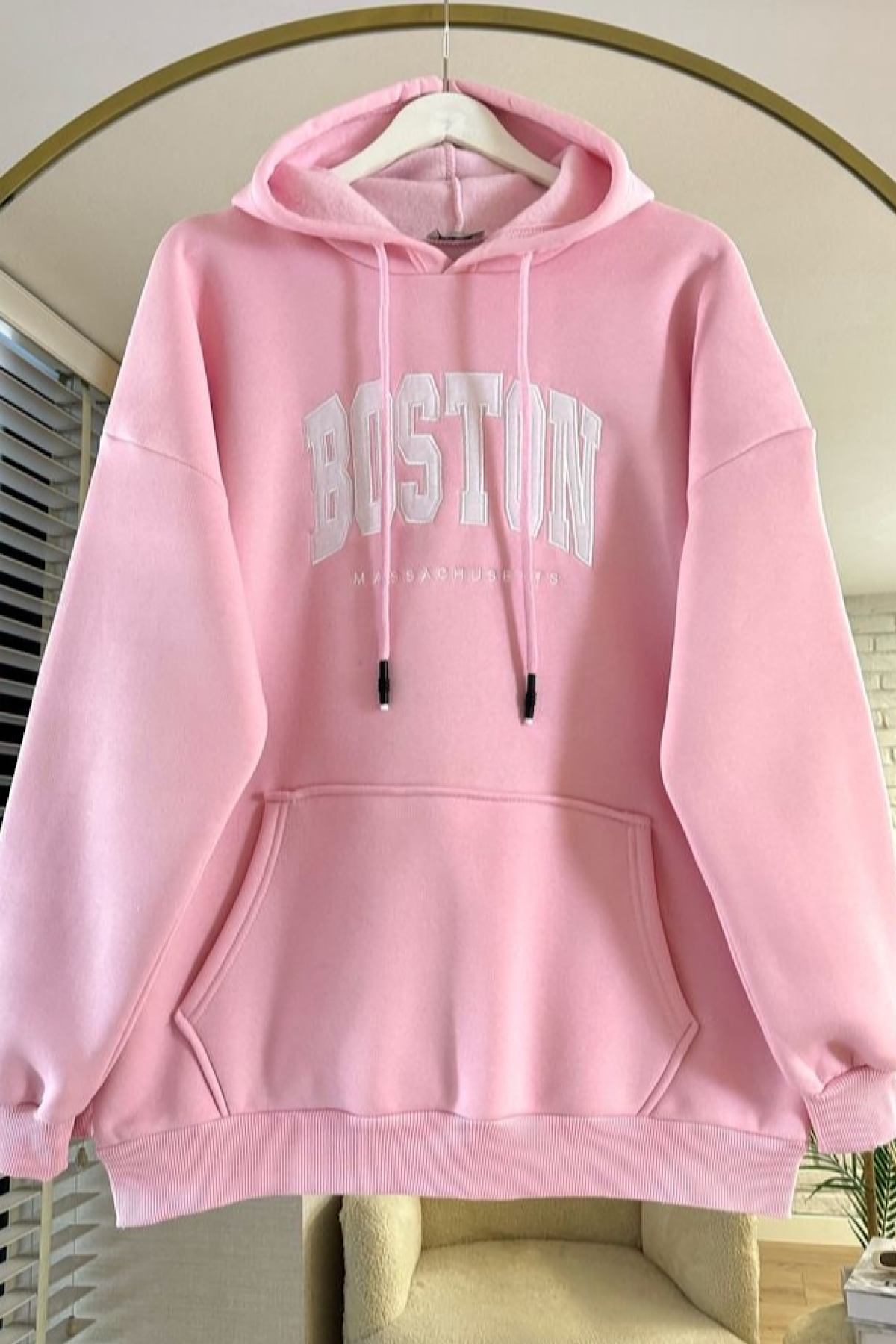Boston yazılı üç iplik sweat Pembe