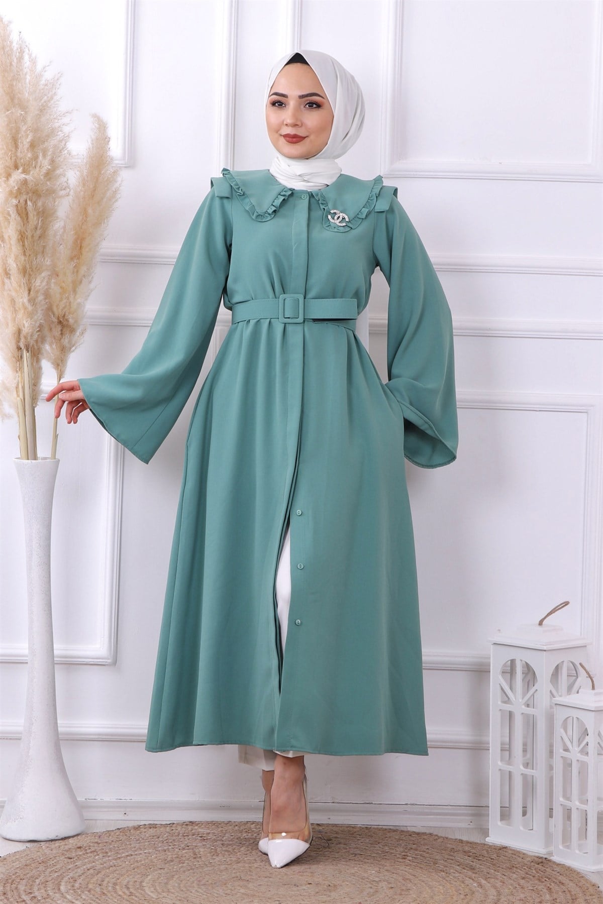 Bronş detaylı elbise yeşil