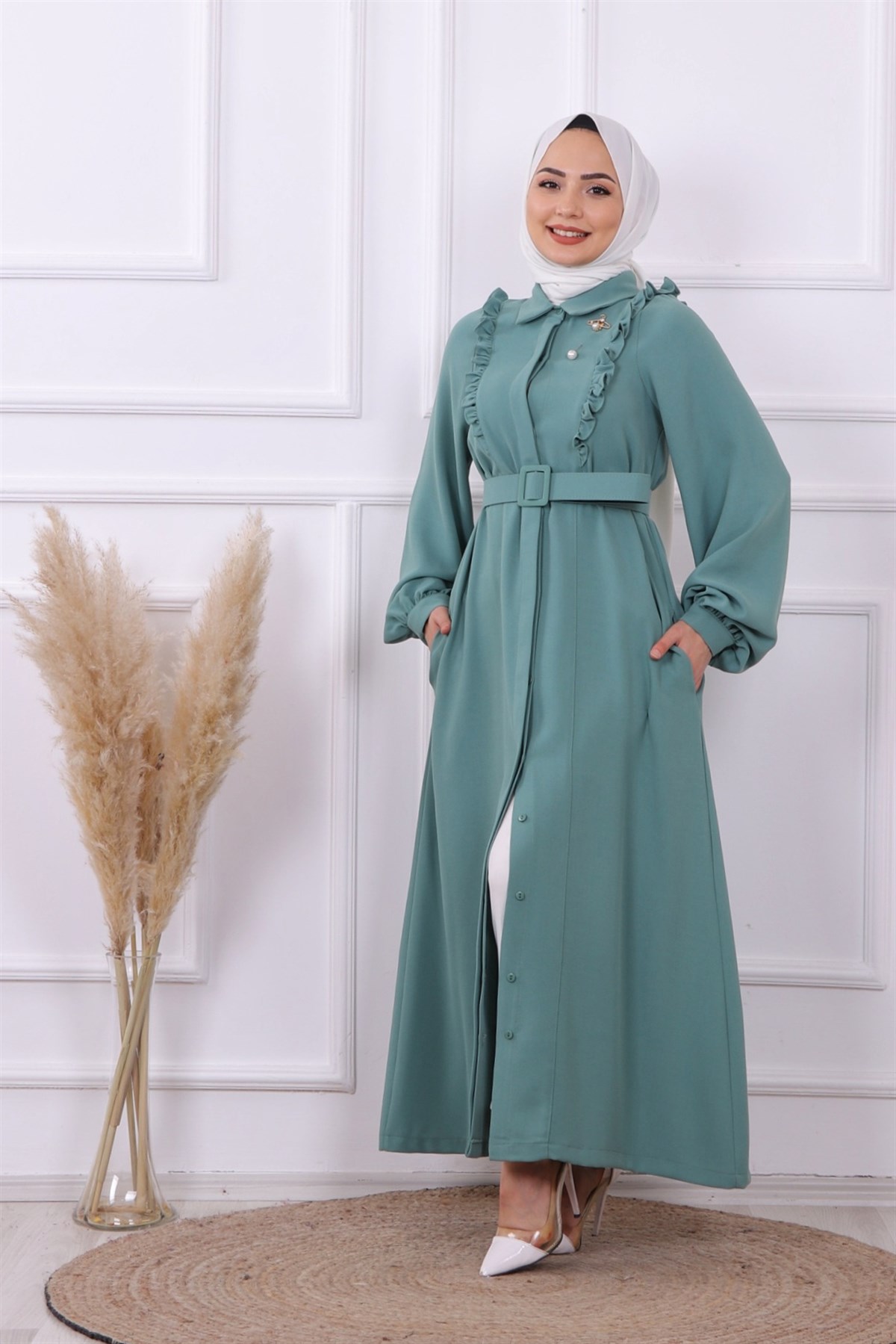 Bronşlu elbise yeşil