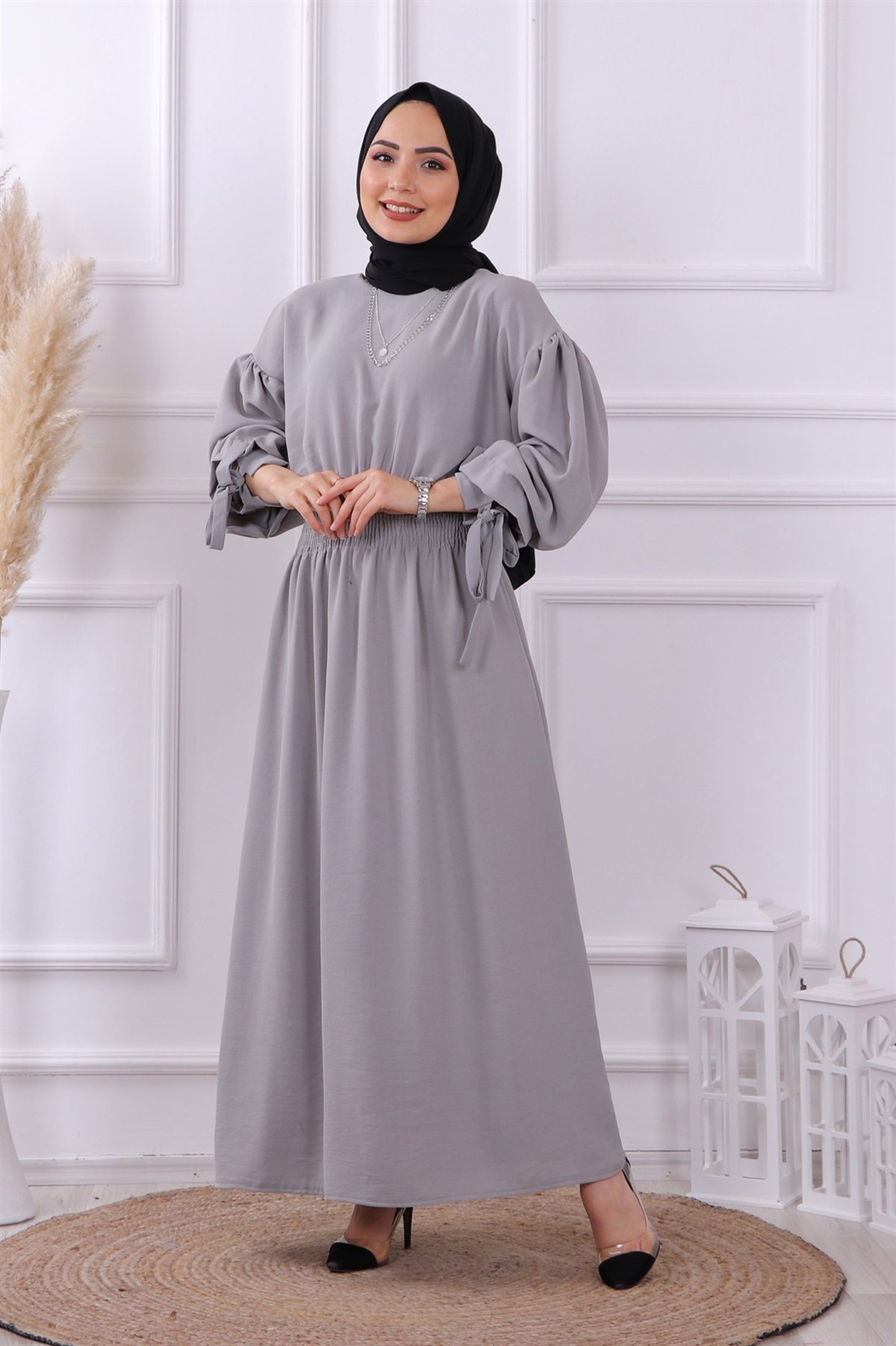 BRY beli lastikli elbise gri