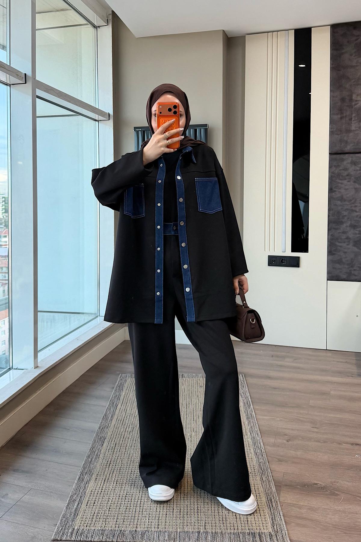 Denim Detaylı Oysho Takım SiyahDubaiShowroomTAKIM06053