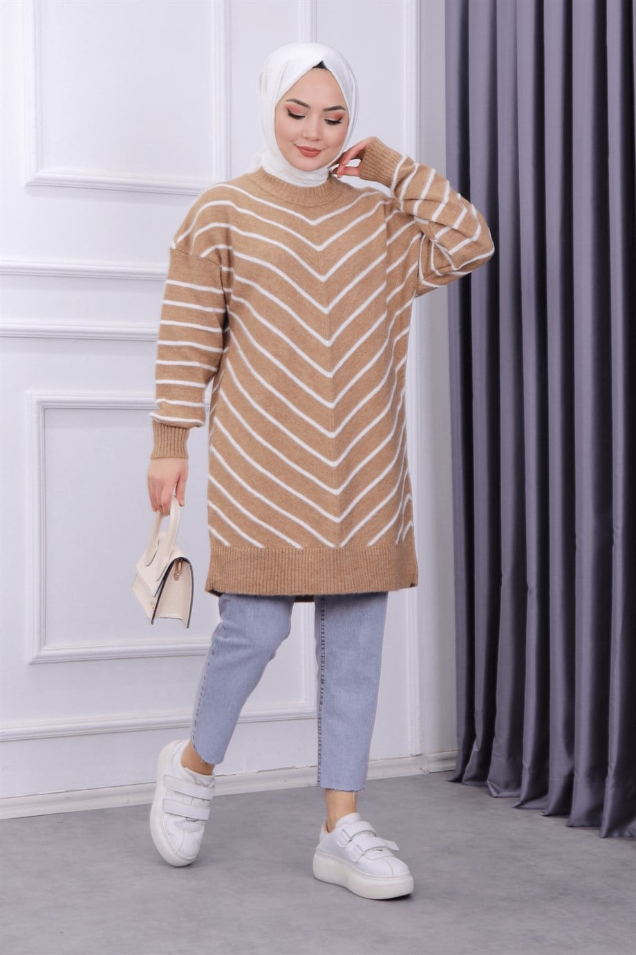 CAMEL BEYAZ ÇİZGİLİ TUNİK