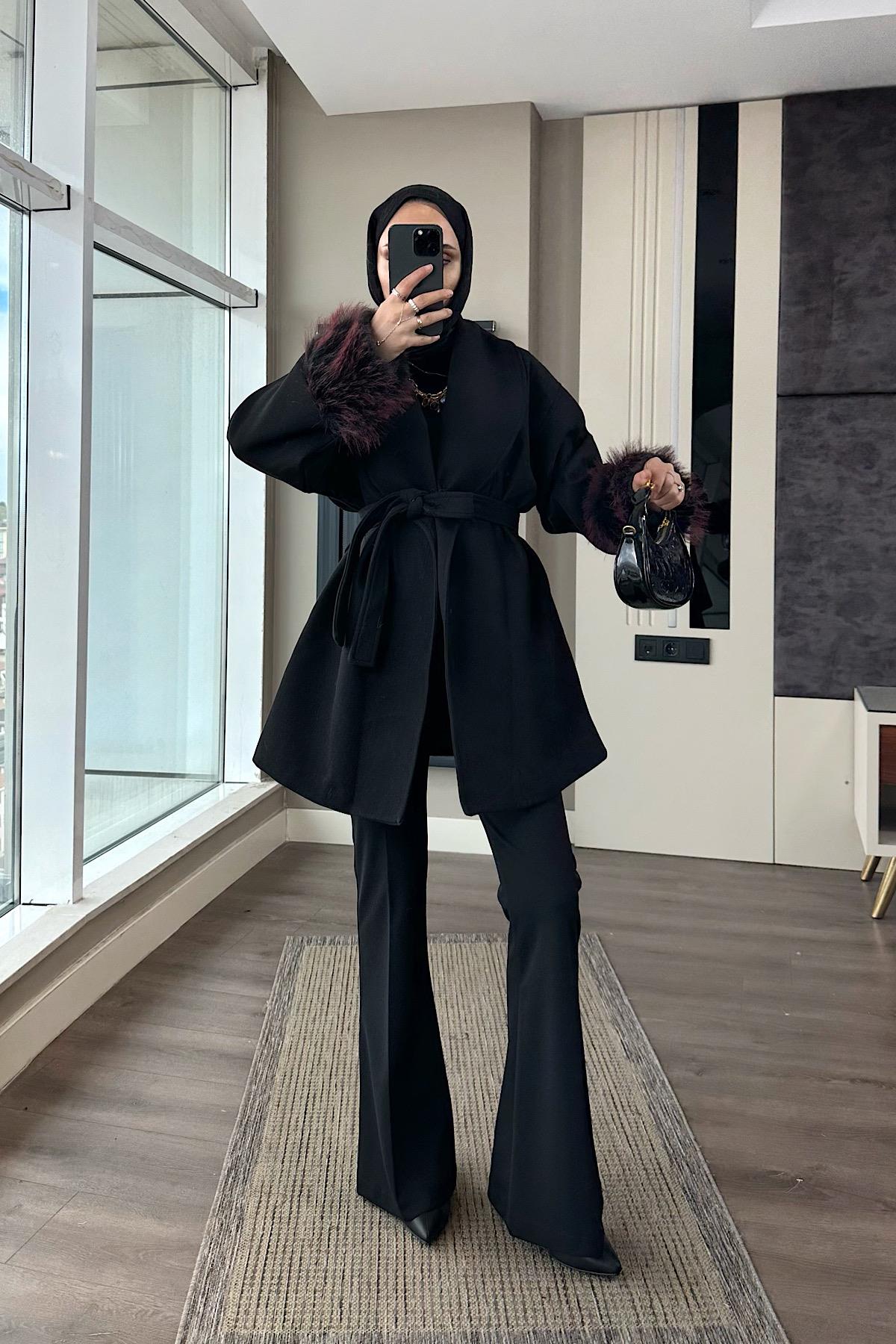 Kolu Kürklü Astarlı Kaşe Kaban Siyah DubaiShowroomDIŞ GİYİM514539