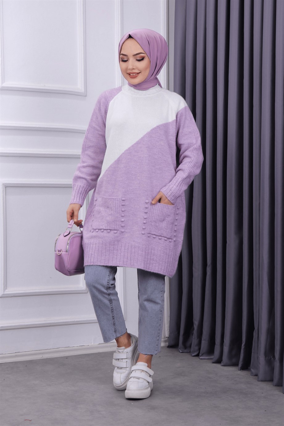 Cepleri ponponlu tunik lila krem