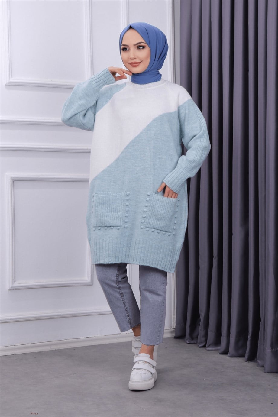 Cepleri ponponlu tunik yeşil krem