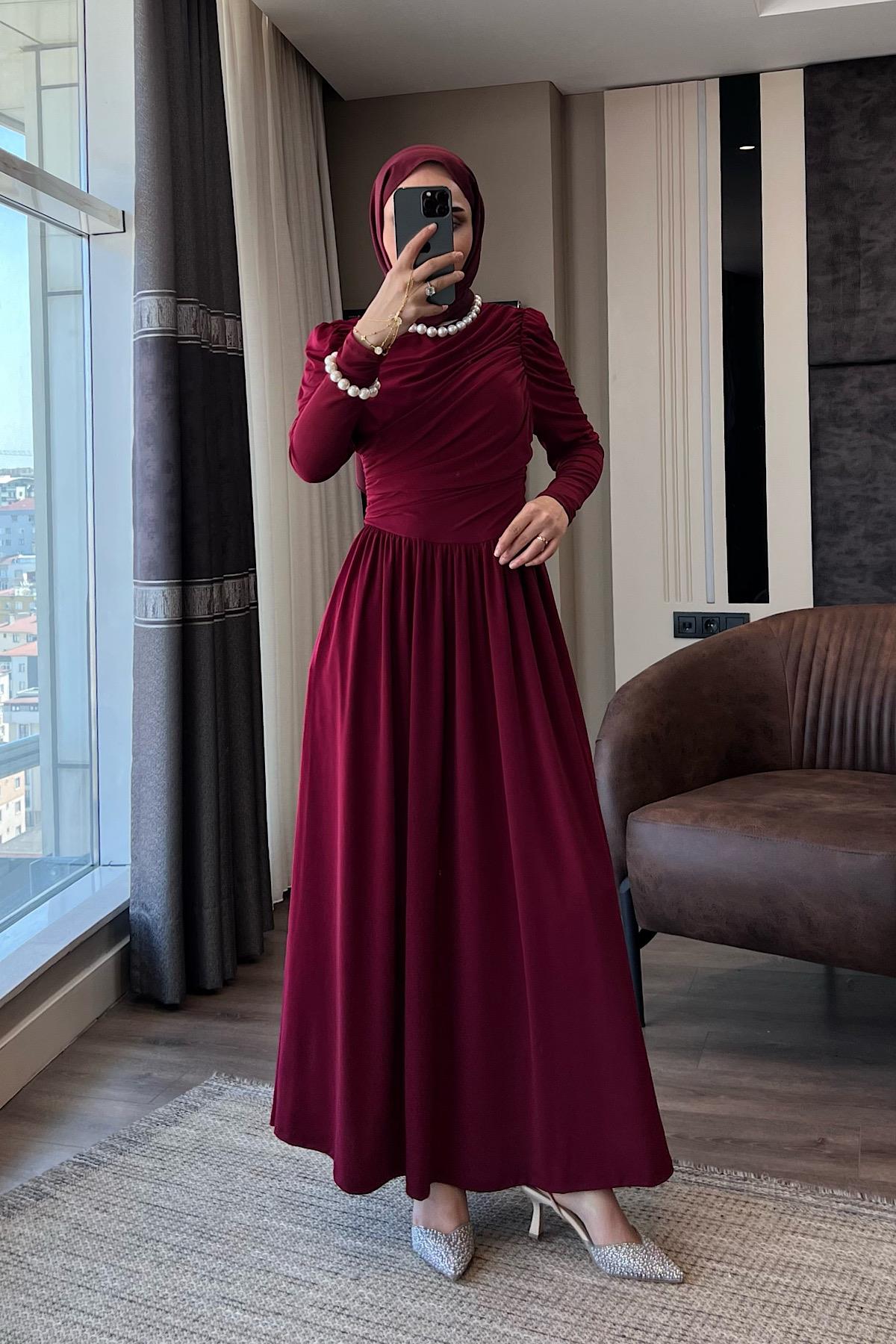 Cepli Göğüs Büzgü Detay Sandy Elbise Bordo