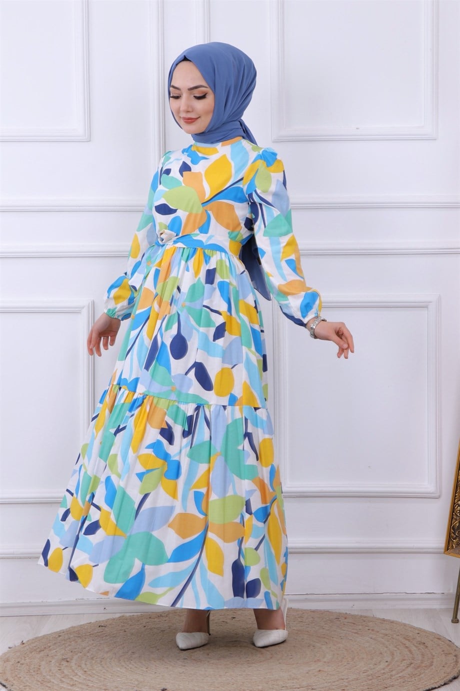 ÇİÇEK DESEN ELBİSE MAVİ YEŞİL