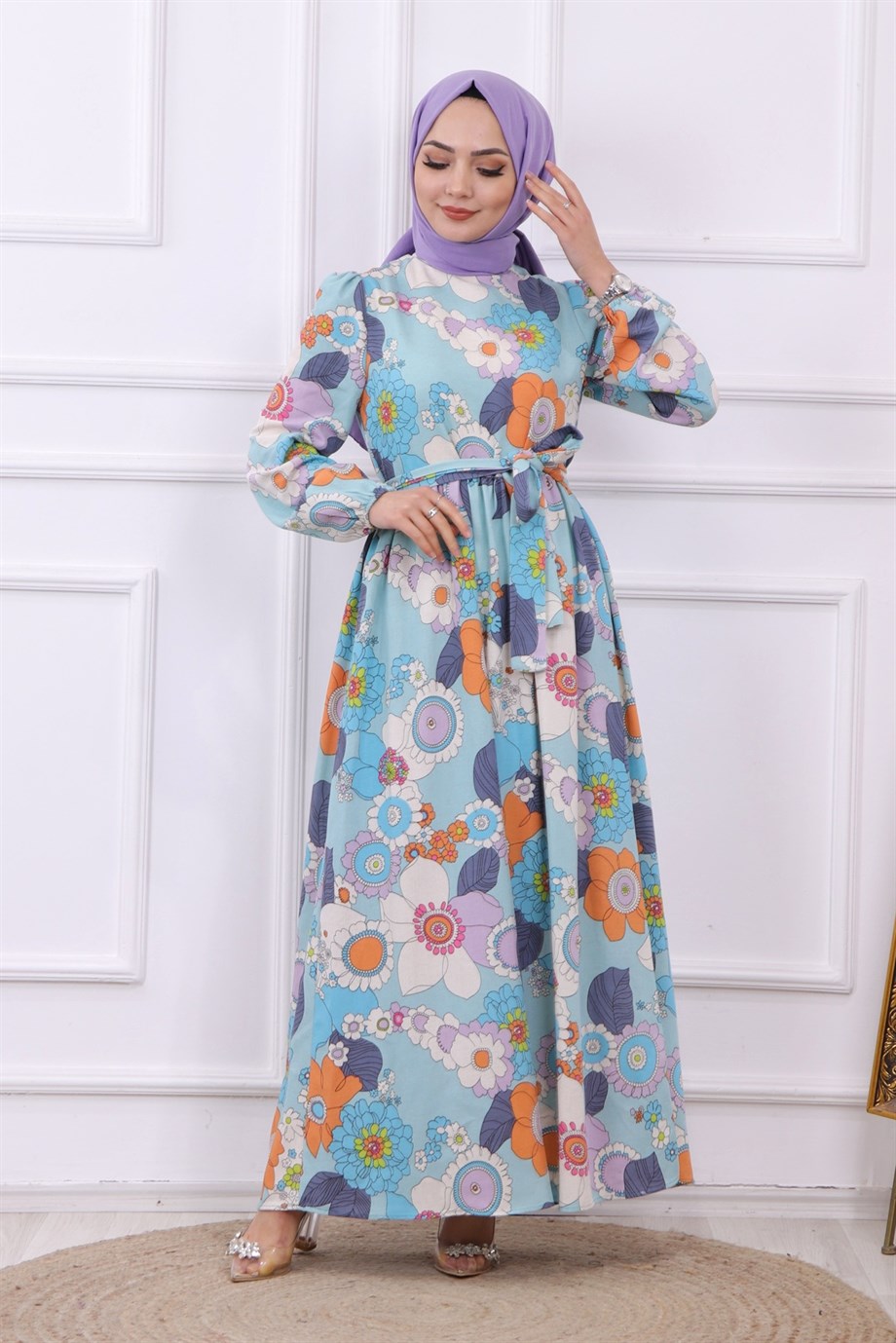 ÇİÇEK DESEN KETEN ELBİSE MAVİ