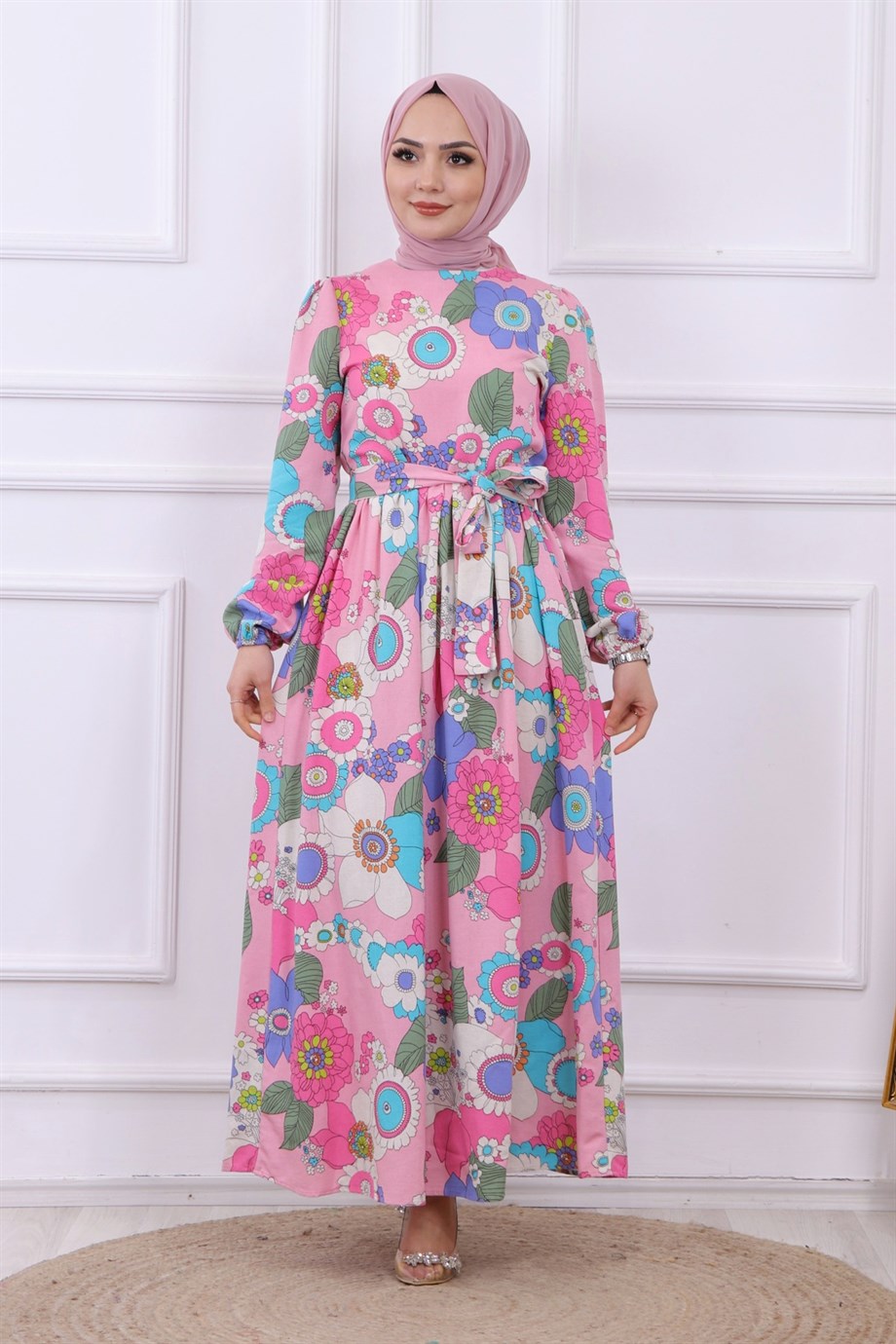 ÇİÇEK DESEN KETEN ELBİSE PEMBE