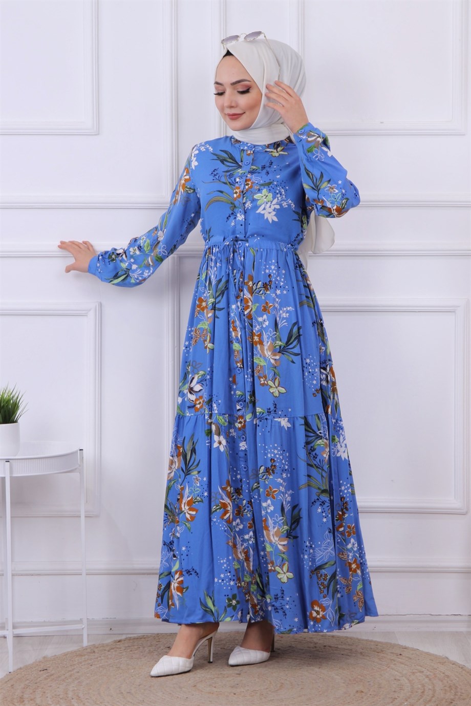 ÇİÇEK DESEN VİSKON ELBİSE MAVİ