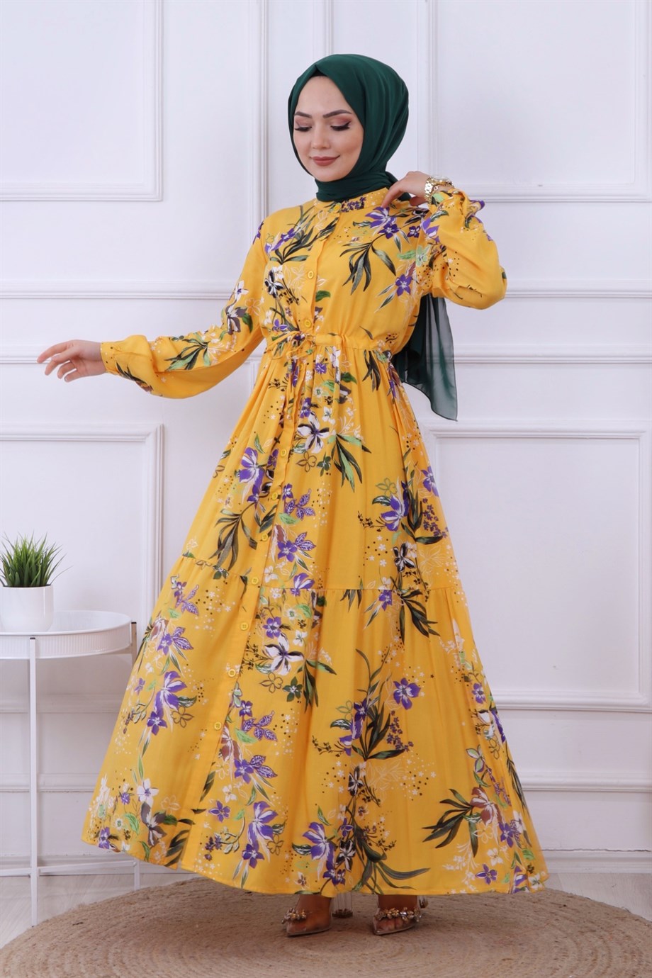 ÇİÇEK DESEN VİSKON ELBİSE SARI