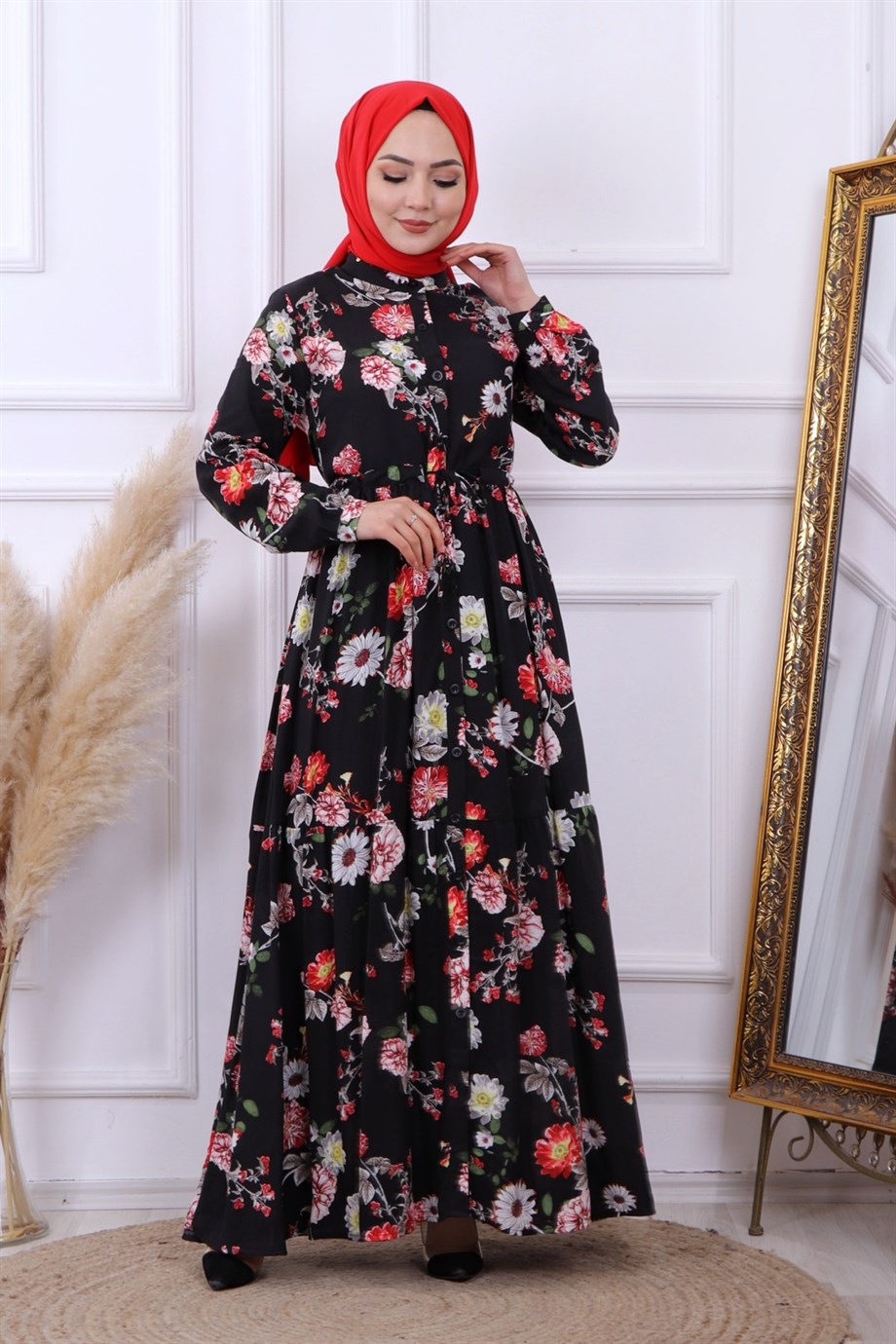 ÇİÇEK  DESEN VİSKON ELBİSE SİYAH