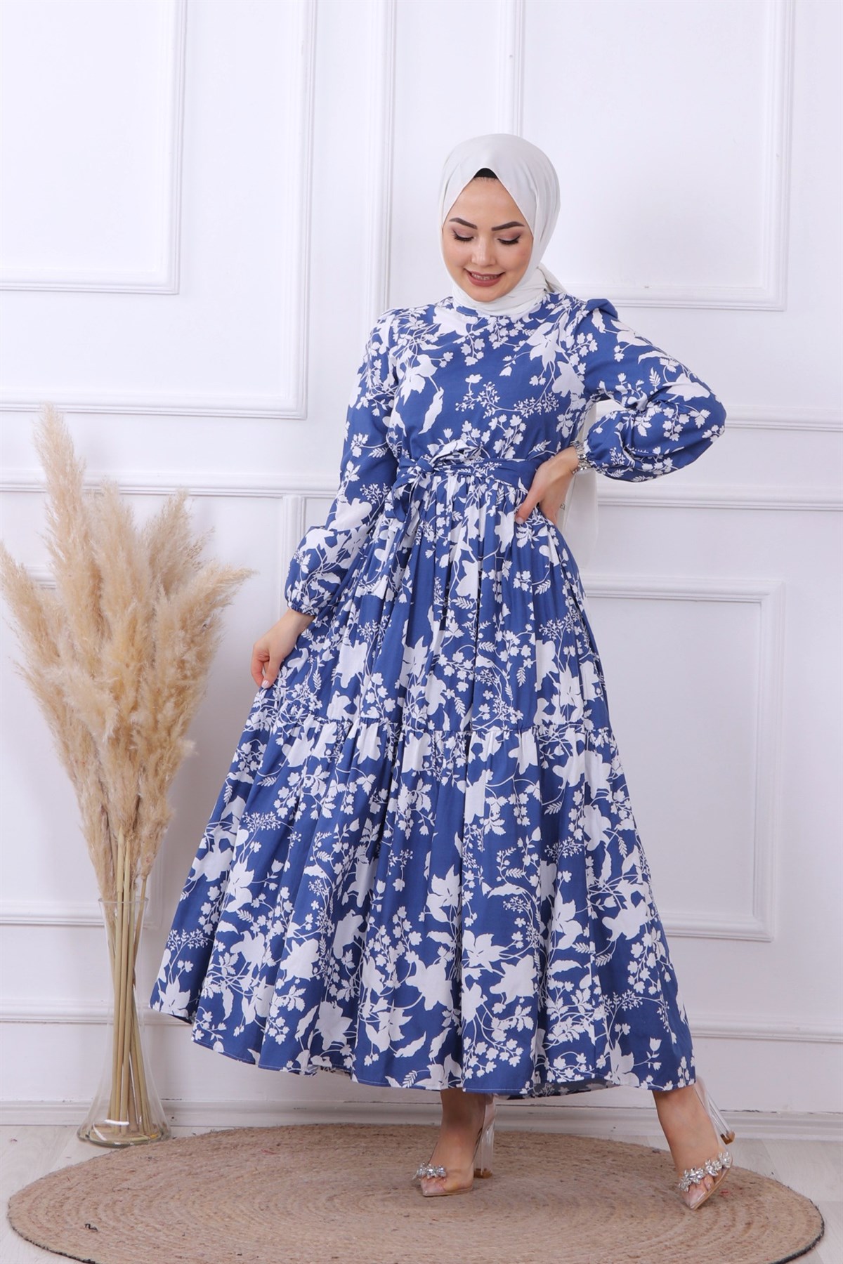 ÇİÇEKLİ ELBİSE LACİVERT