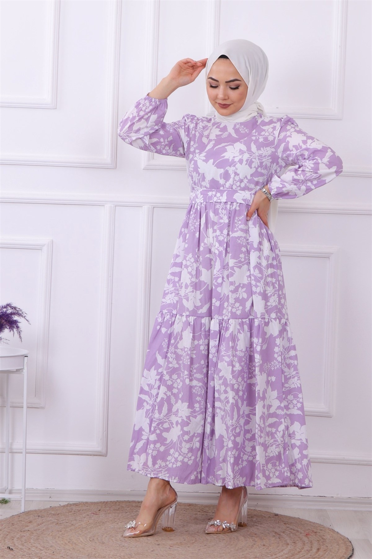 ÇİÇEKLİ ELBİSE LİLA