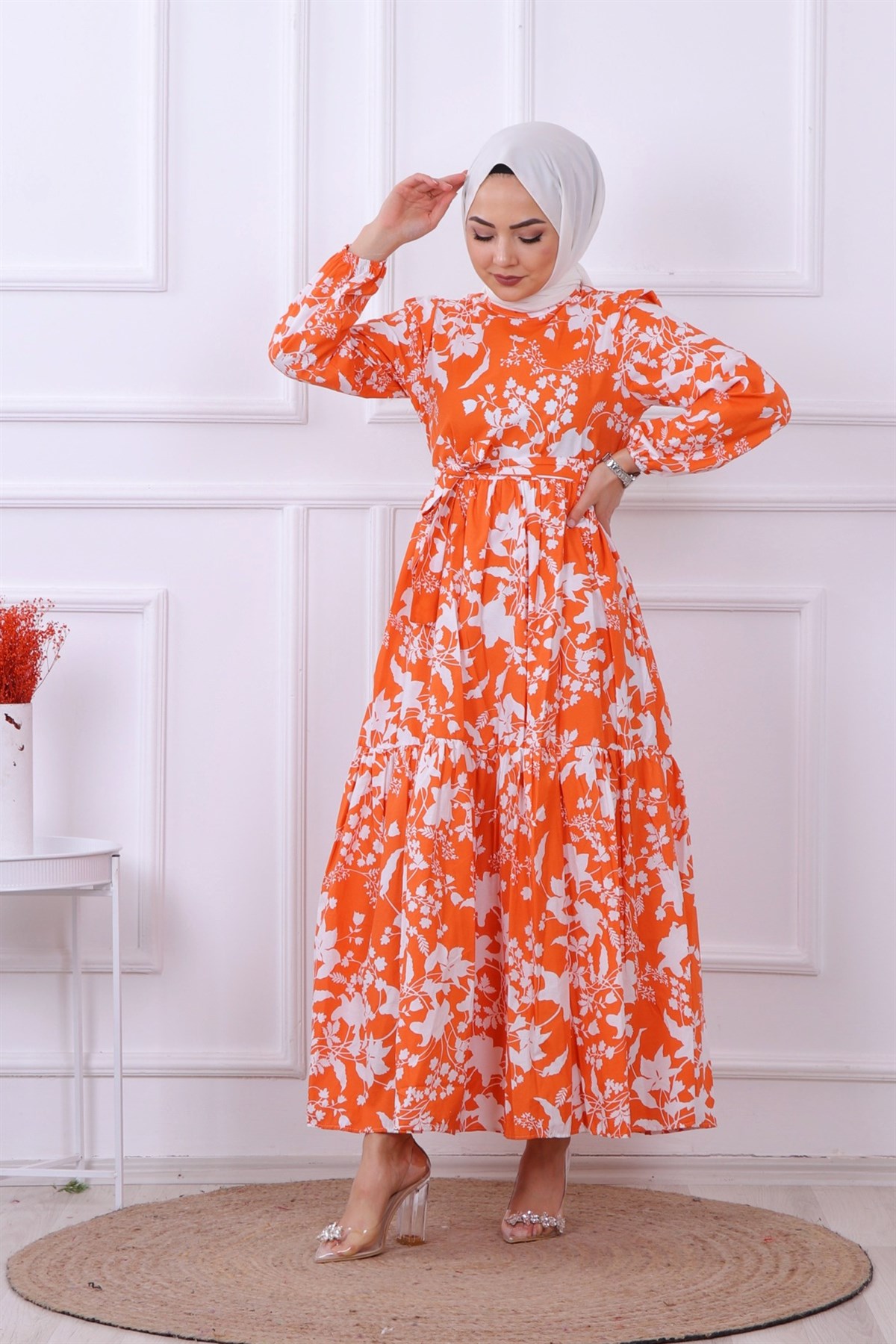 ÇİÇEKLİ ELBİSE TURUNCU