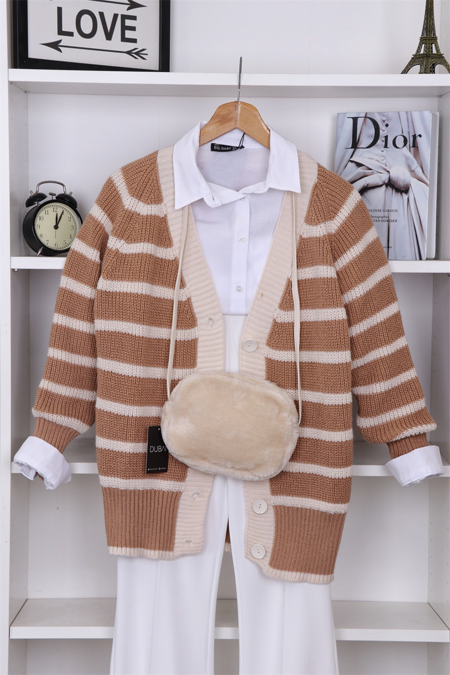 Çizgili hırka camel