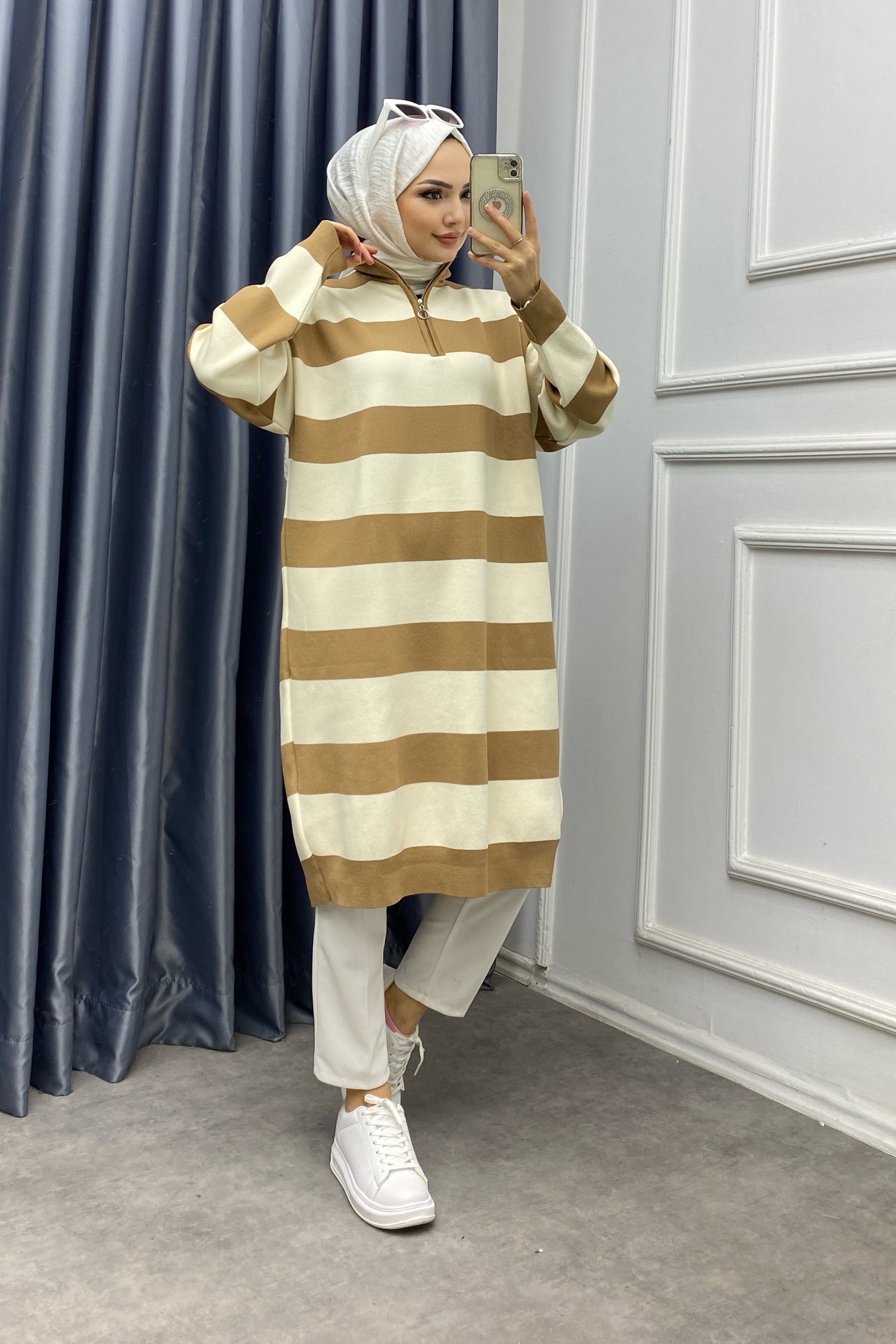 Çizgli Tunik camel krem