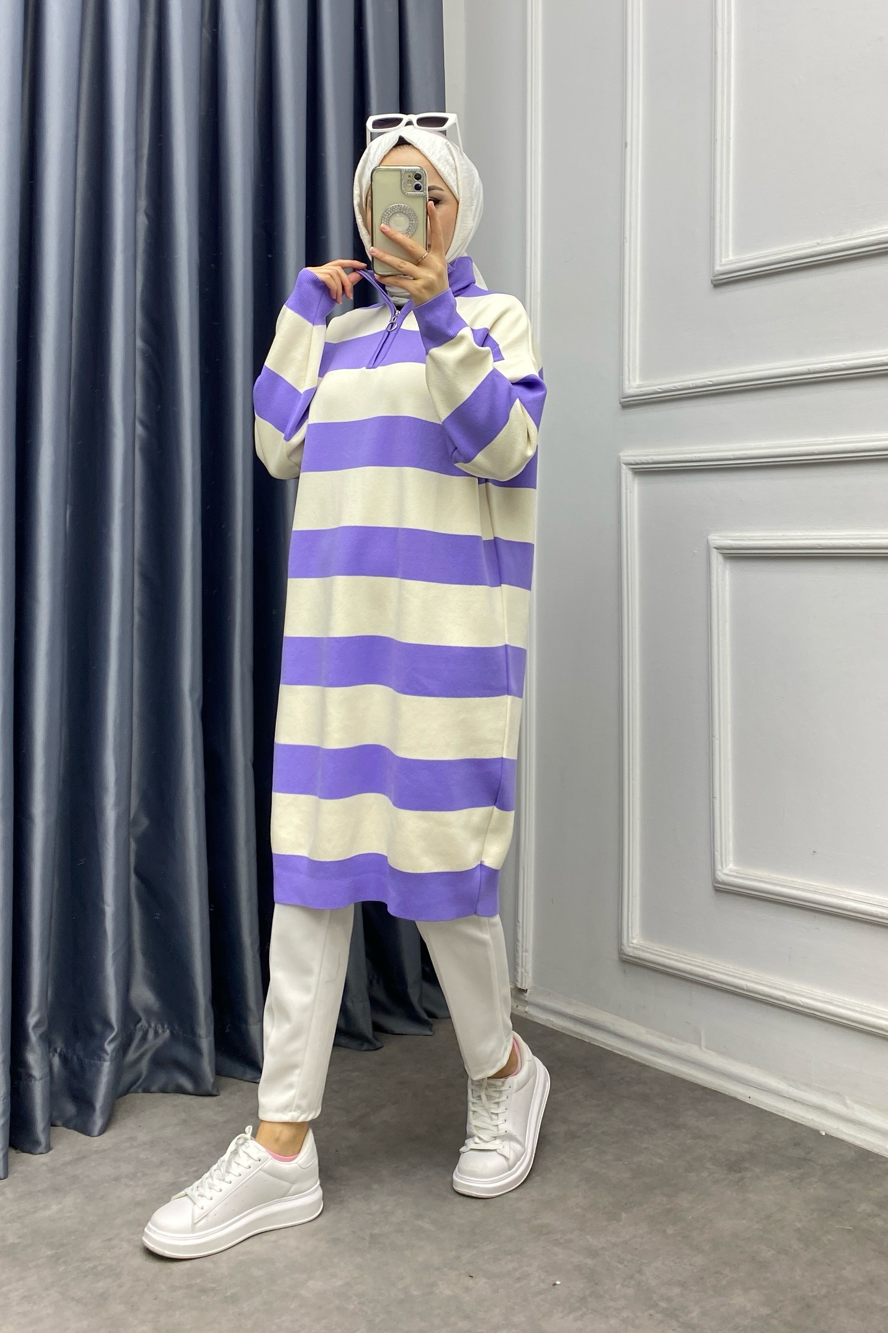 Çizgli Tunik Lila krem