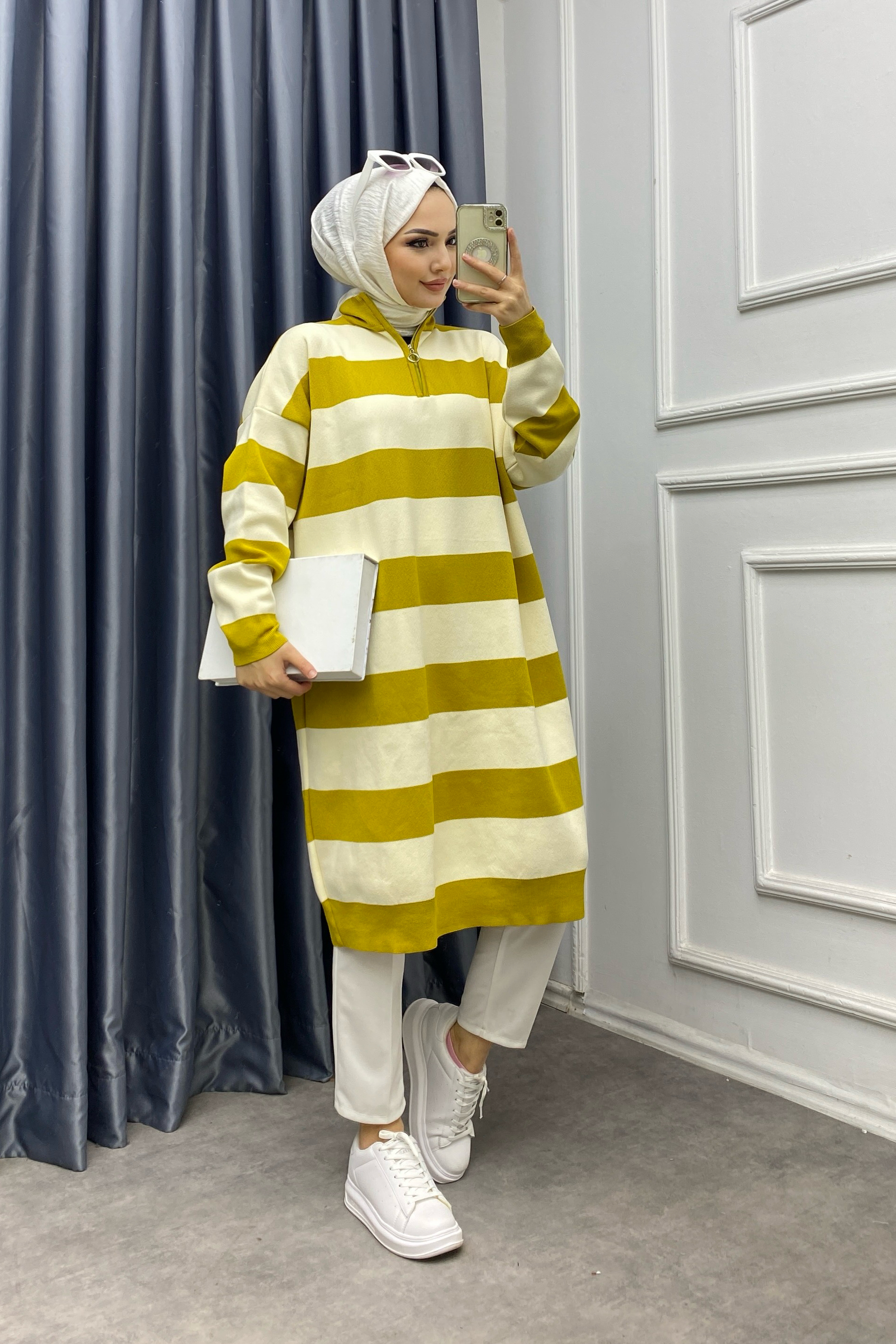 Çizgli Tunik Yağ Yeşili-krem