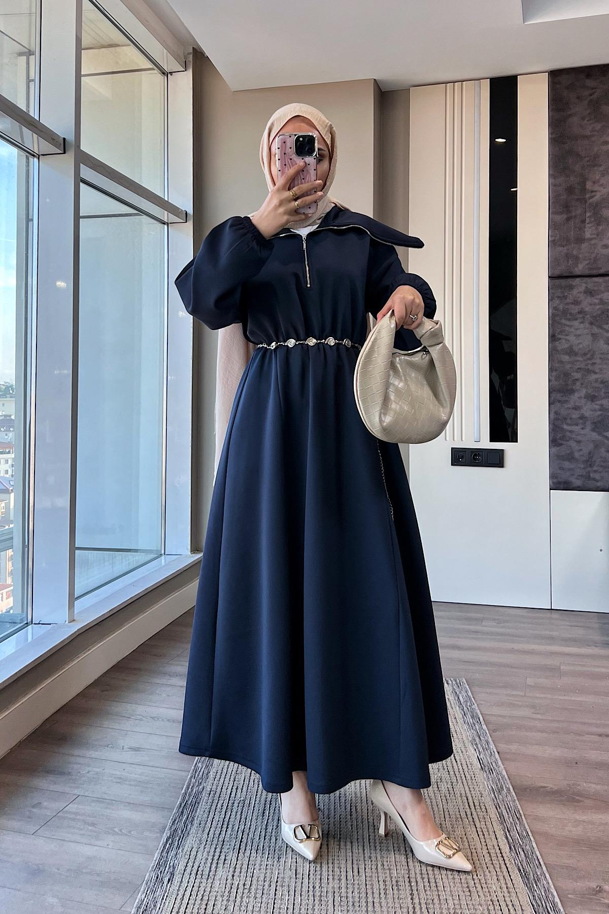 Yakası Geniş Skuba Elbise LacivertDubaiShowroomELBİSELER01053