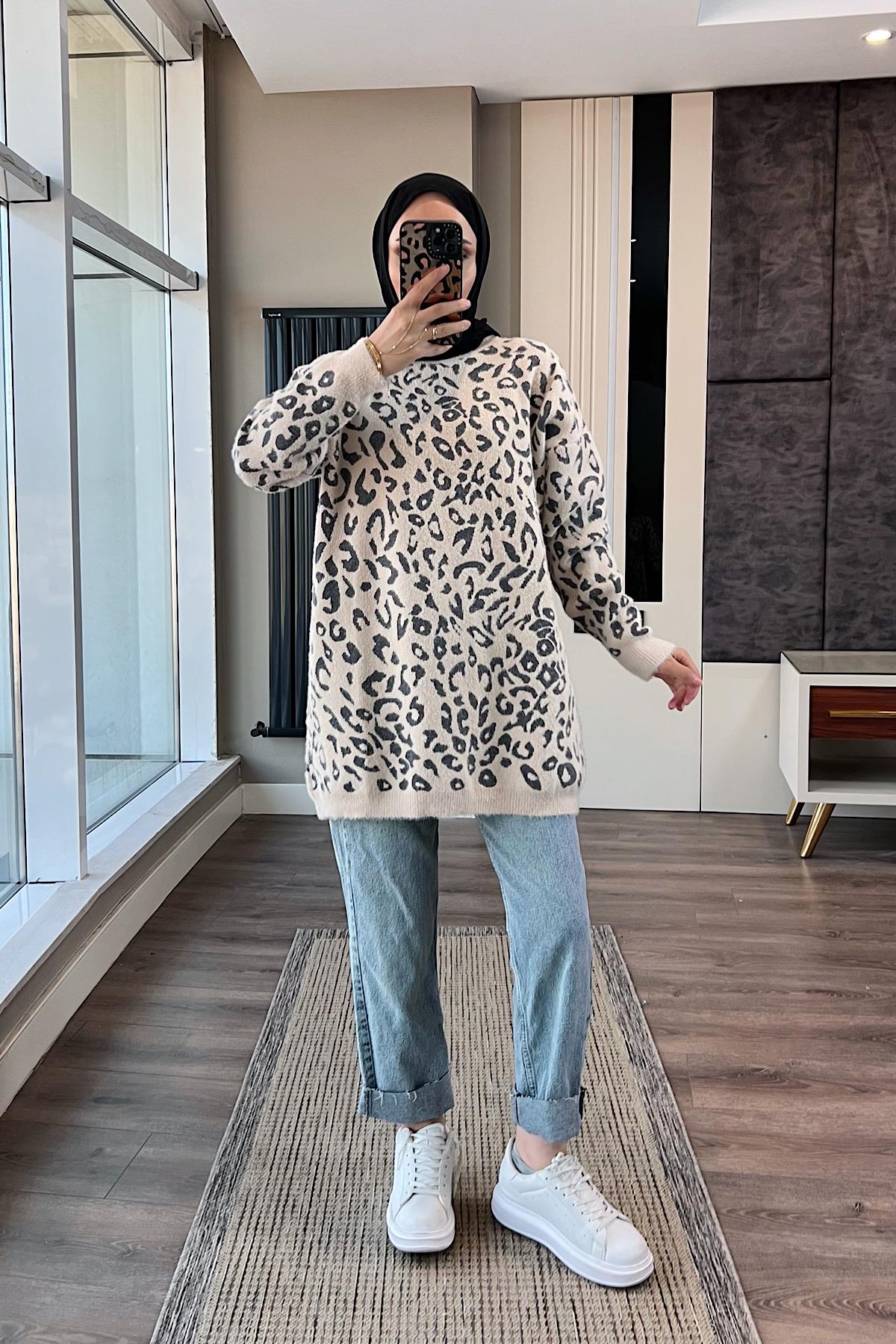 Leopar Yumoş Tunik BejDubaiShowroomÜST GİYİM9718