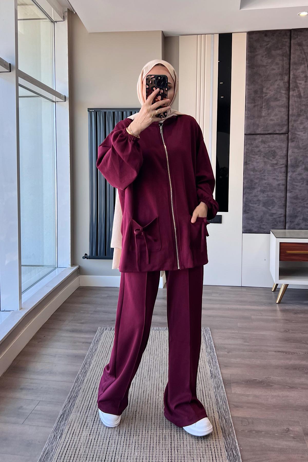 Cep Üstü Fiyonklu Oysho Takım BordoDubaiShowroomTAKIM29144