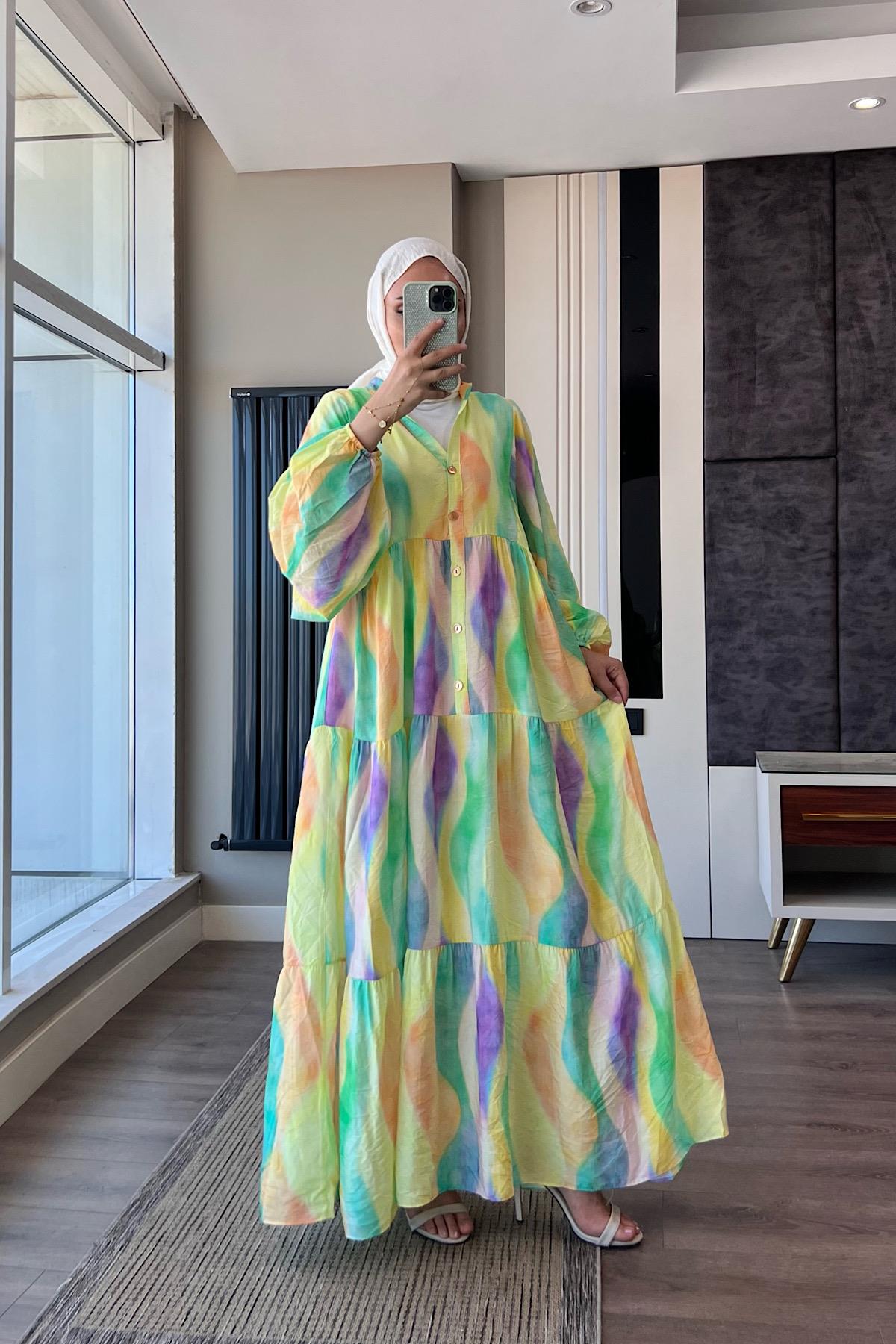 Yarım Patlı Desenli Elbise Sarı-MorDubaiShowroomELBİSELER01551-SARI