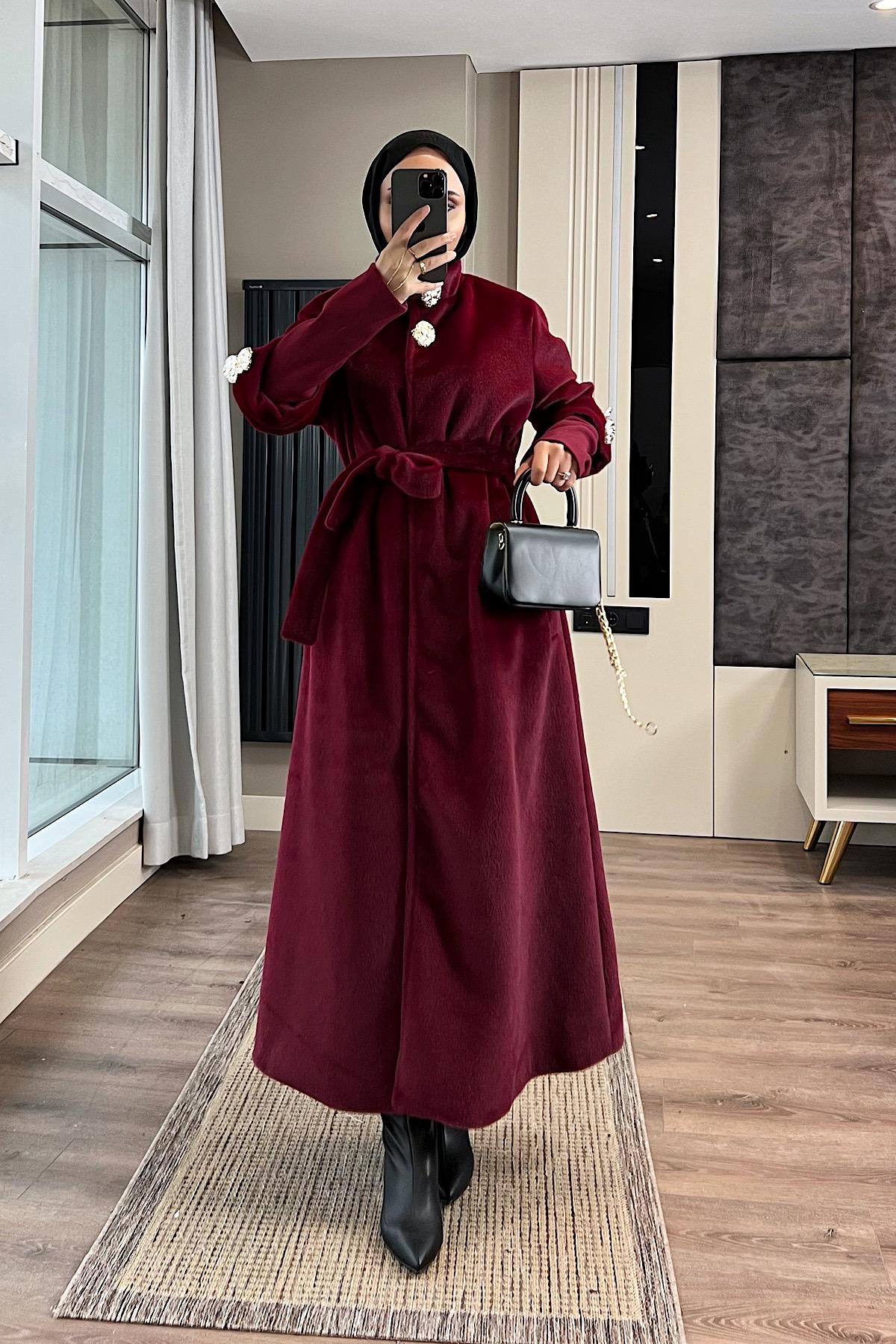 Kol Ribanalı Angora Kaban BordoDubaiShowroomDIŞ GİYİM09159