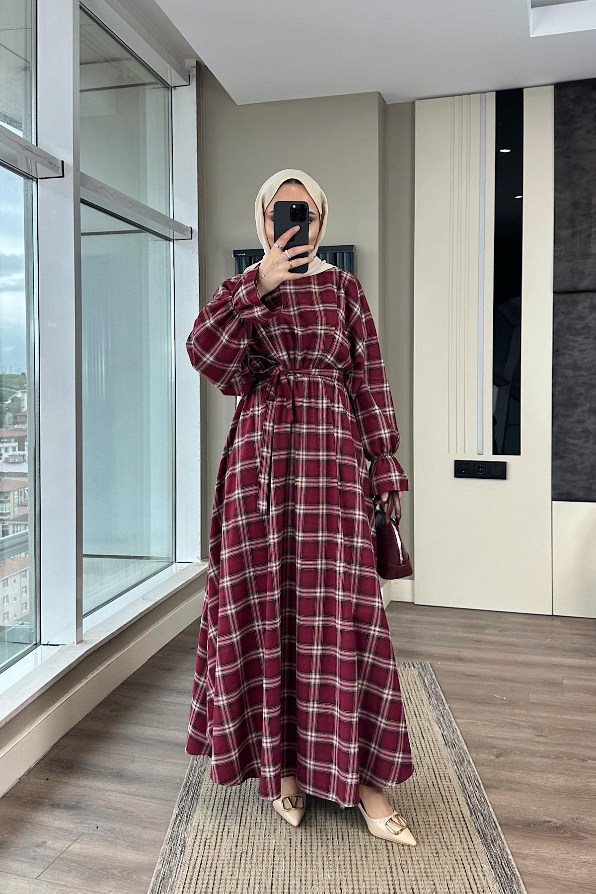 Ekose Desen Elbise BordoDubaiShowroomELBİSELER01180