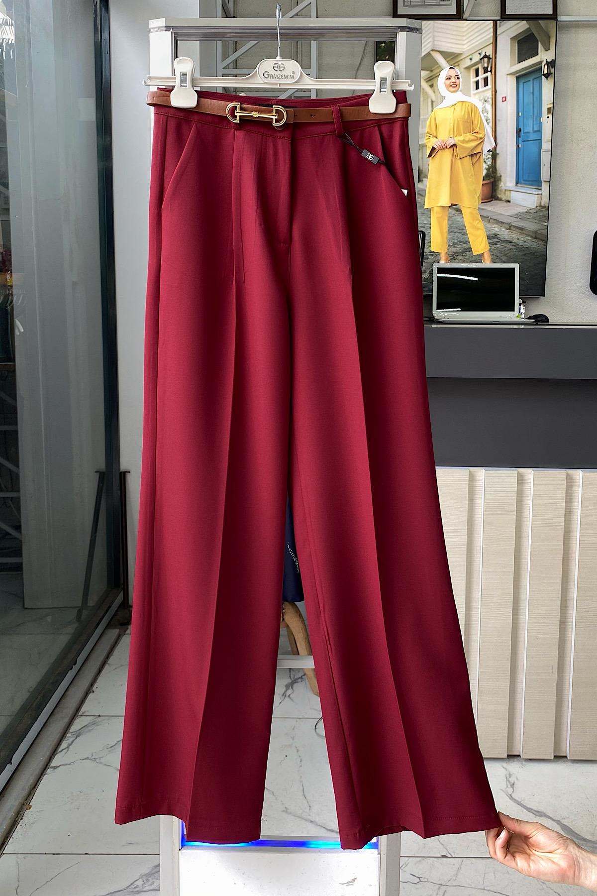 Kemerli Bol Paça Pantolon BordoDubaiShowroomALT GİYİM02200