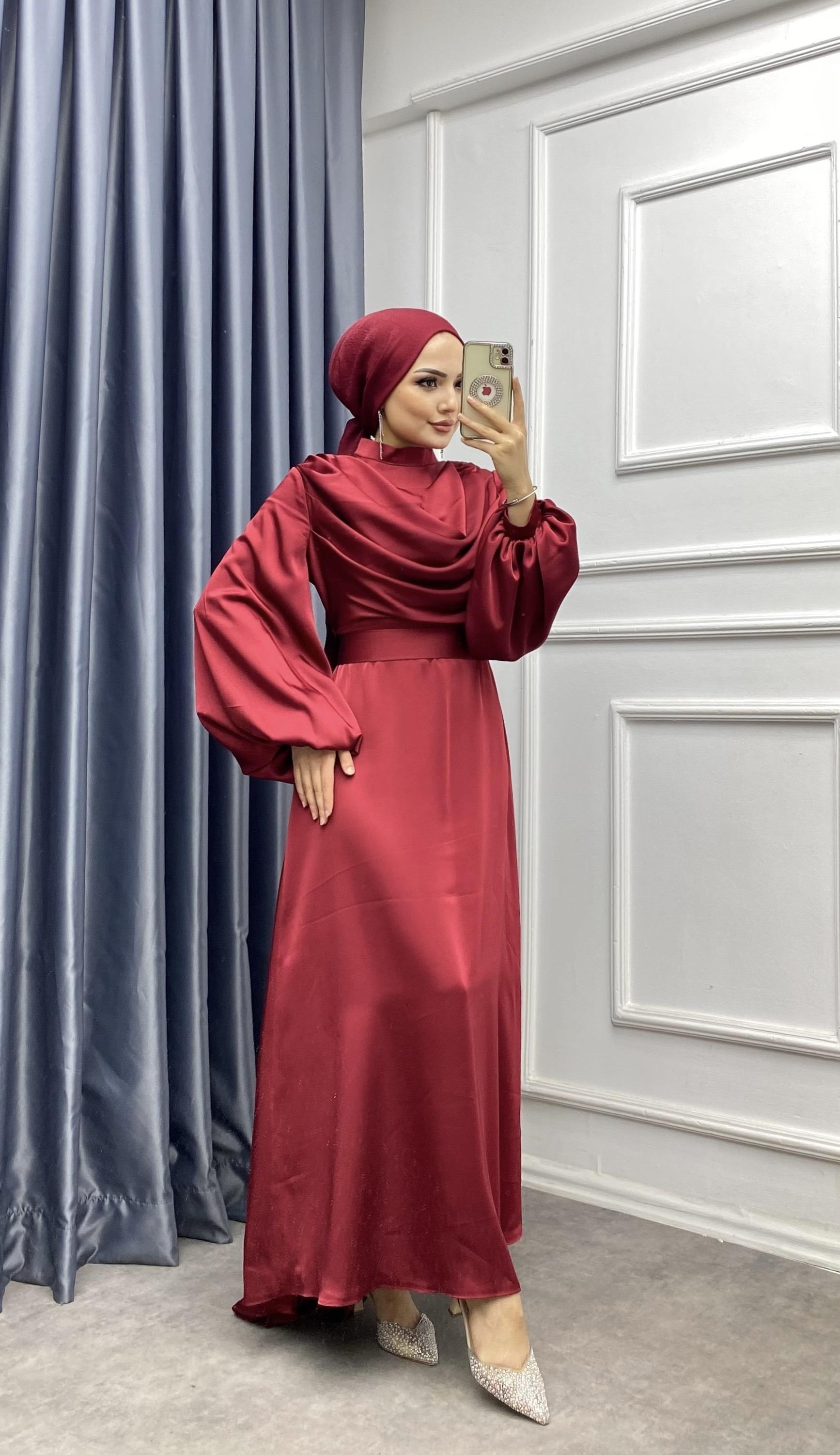 Degaje yaka Saten Elbise bordo 