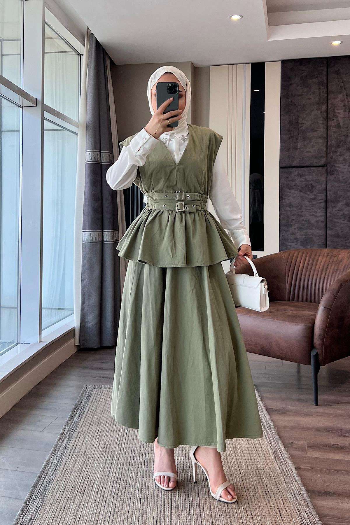 Denim Kuşaklı Yelekli Takım Yeşil