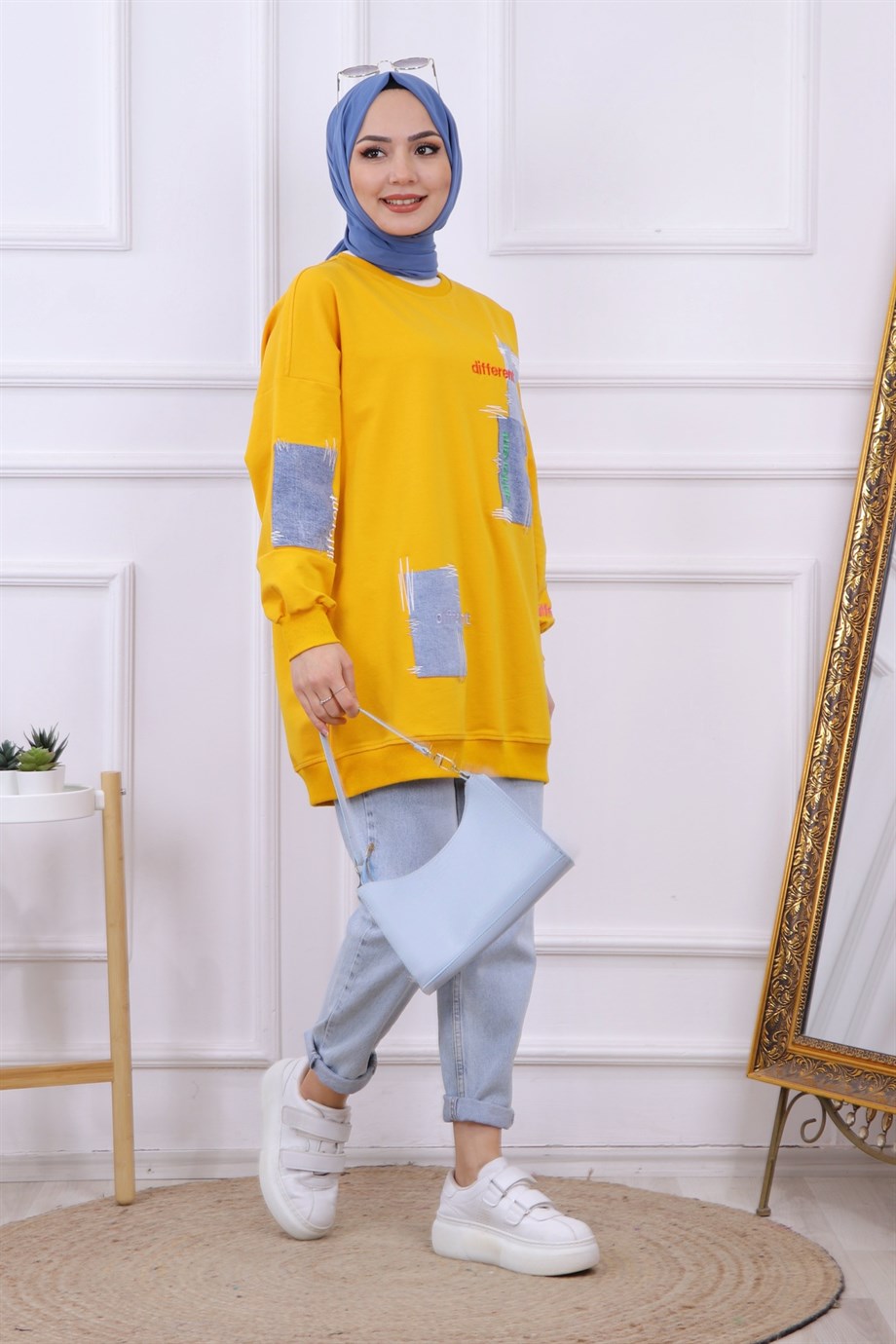 DENİM VE NAKIŞ DETAYLI SWEAT PEMBE