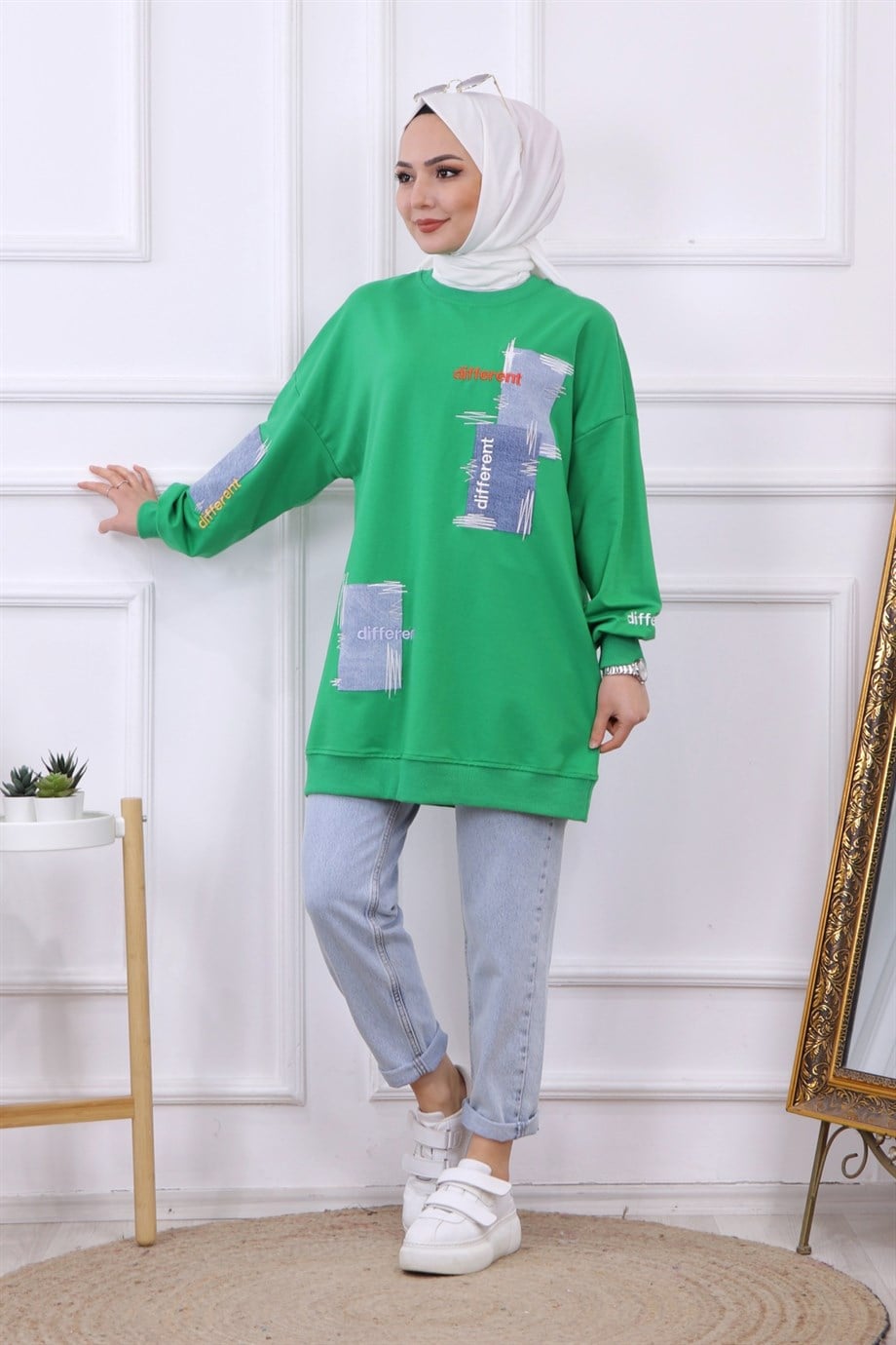 DENİM VE NAKIŞ DETAYLI SWEAT YEŞİL