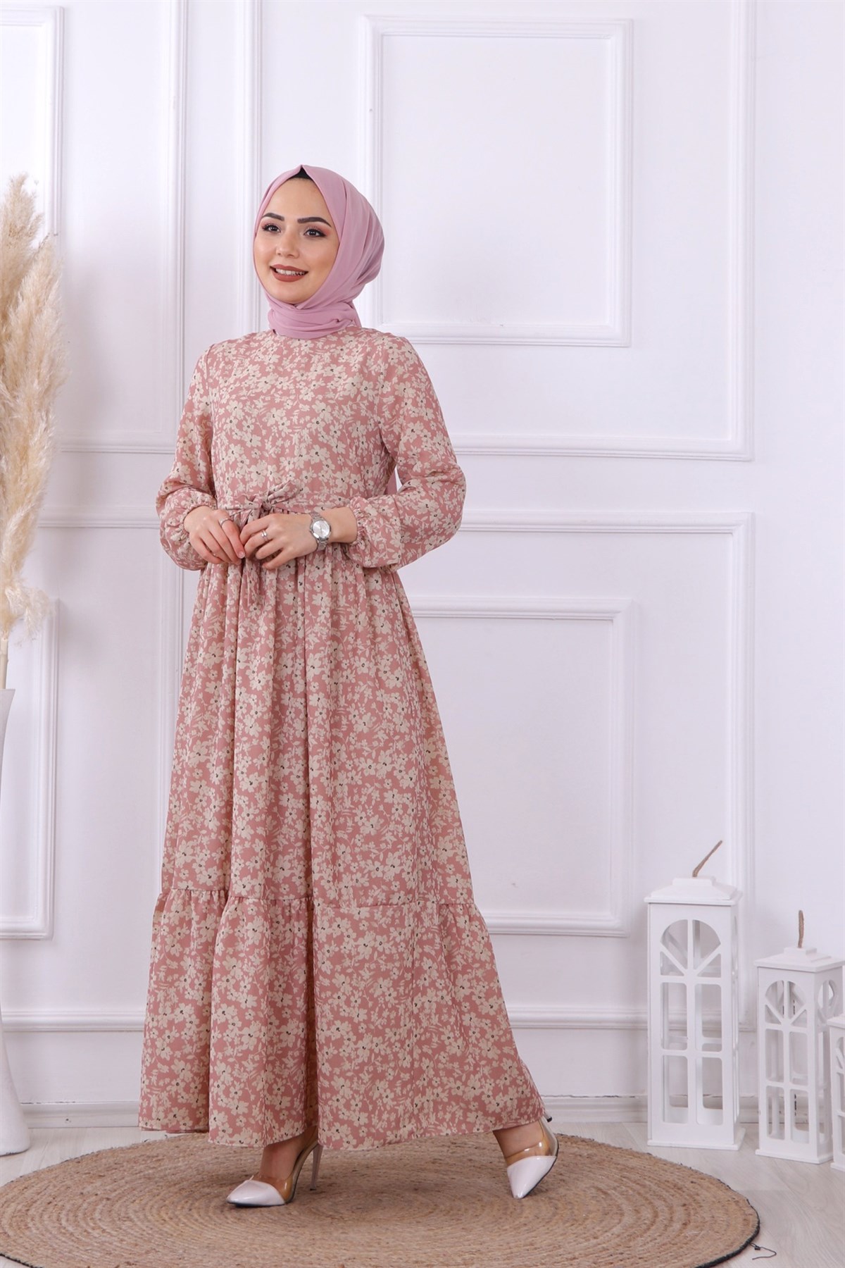 Denseli Çiçekli Elbise pembe