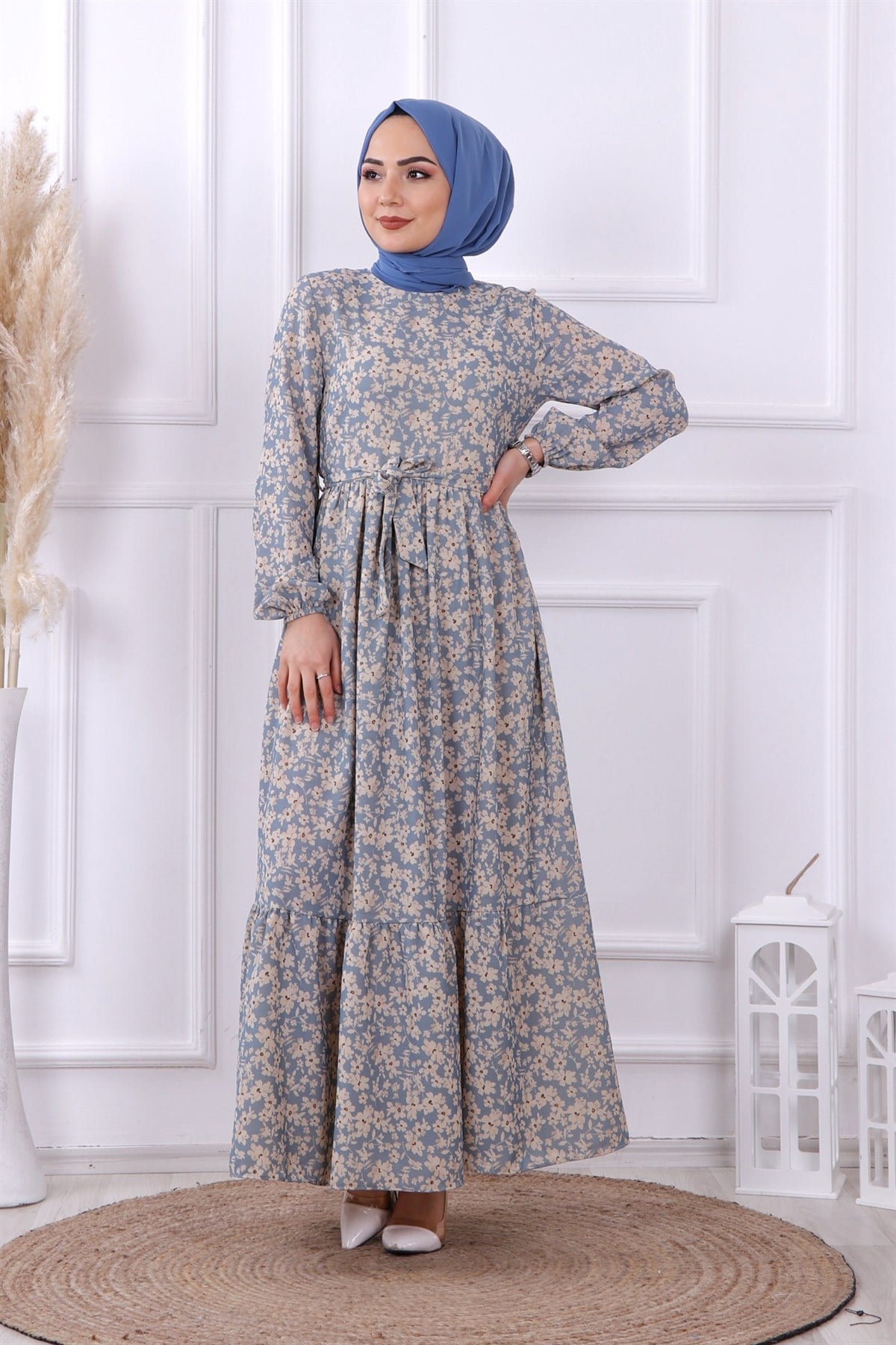 Desenli Çiçekli Elbise-Mavi