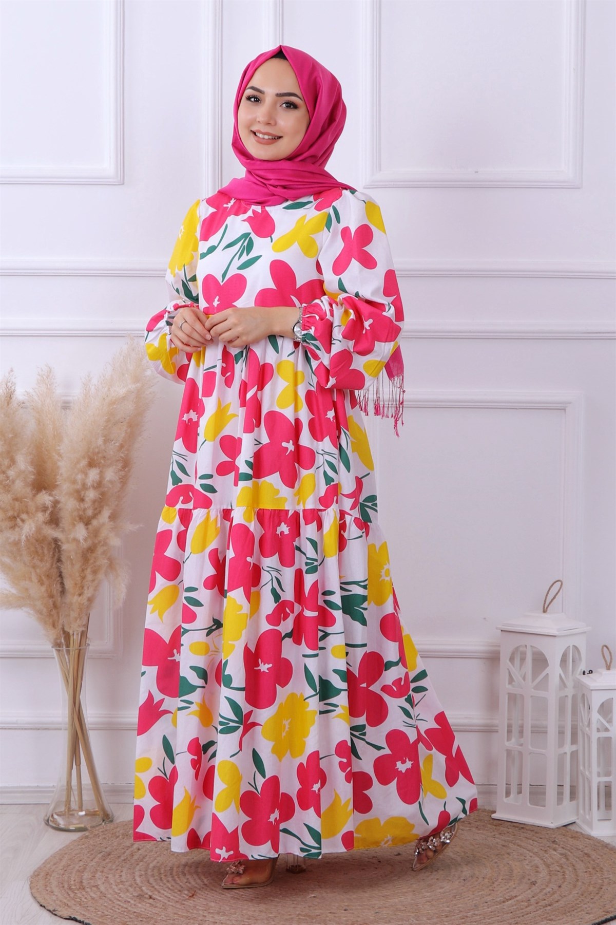 desenli elbise pembe sarı