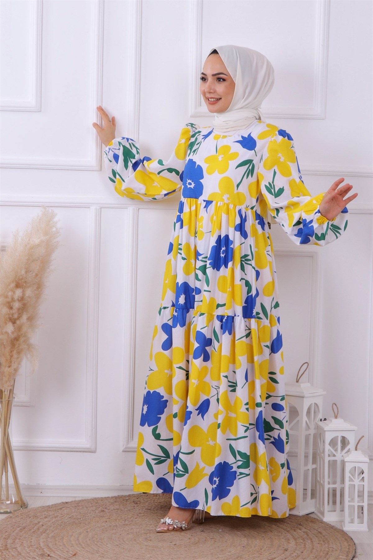 desenli elbise sarı lacivert