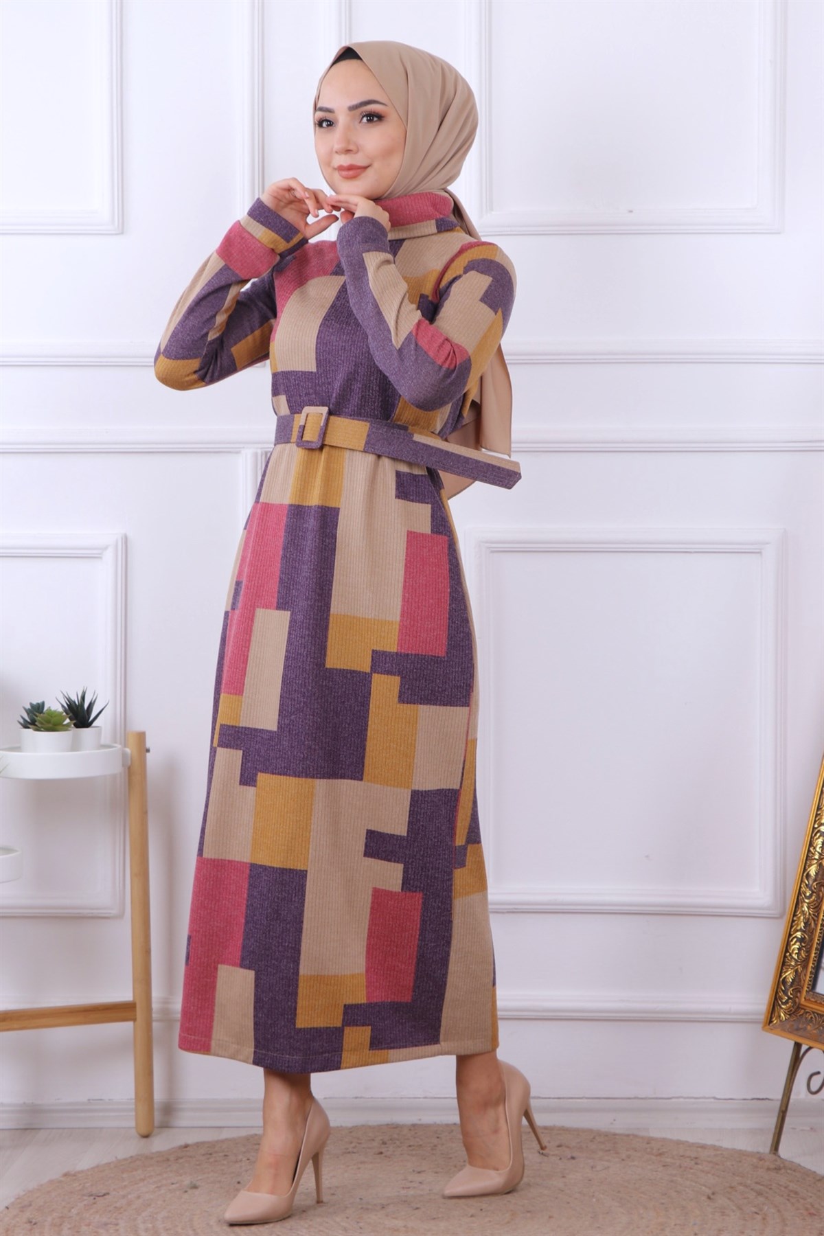 DESENLİ KALEM ELBİSE MOR