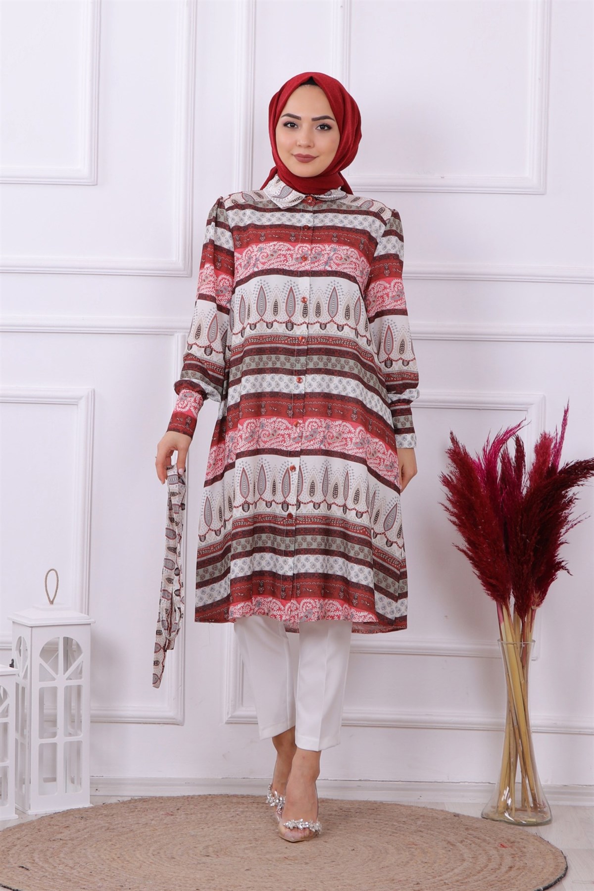 DESENLİ KUŞAKLI TUNİK BORDO