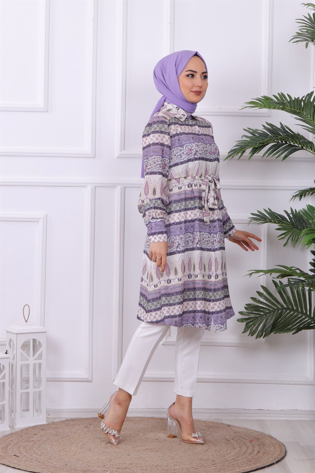 DESENLİ KUŞAKLI TUNİK LİLA