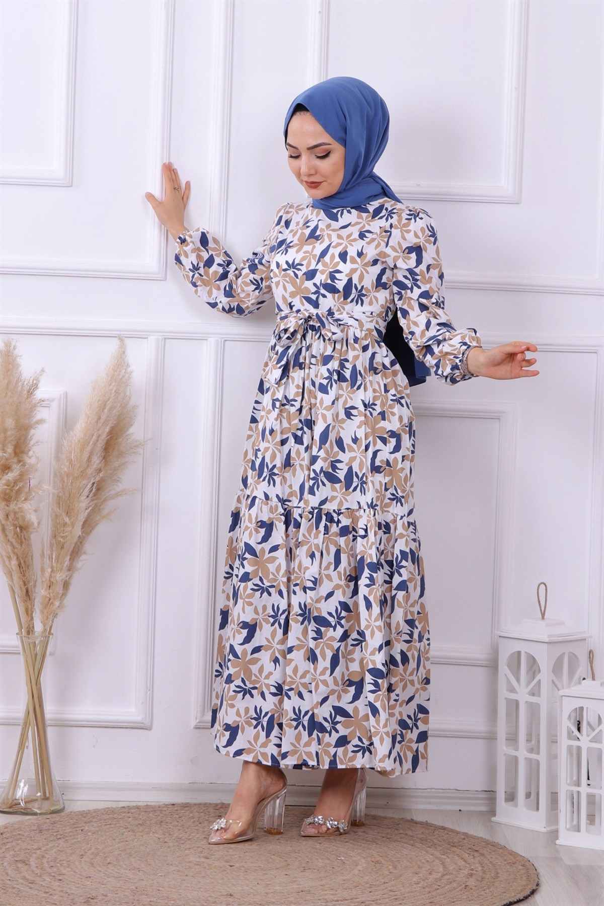 DESENLİ LACİVERT-KAHVE ELBİSE