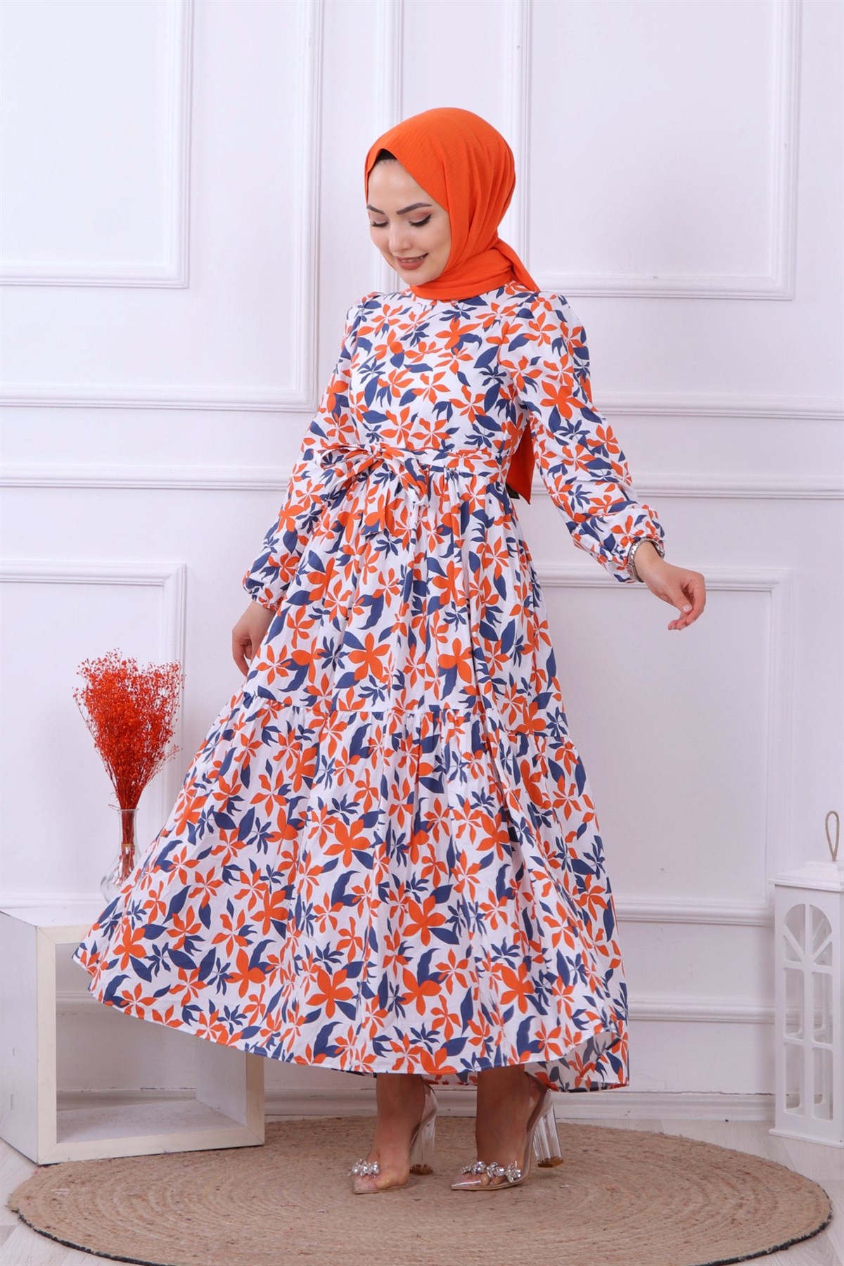 DESENLİ LACİVERT-TURUNCU ELBİSE